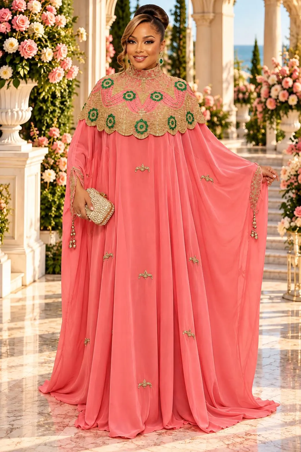 Pink Beaded Neckline Kaftan Dress Wedding Guest Mother  Bride Cocktail Reception Holiday Party Birthday  Church Anniversary Formal Cape Gown