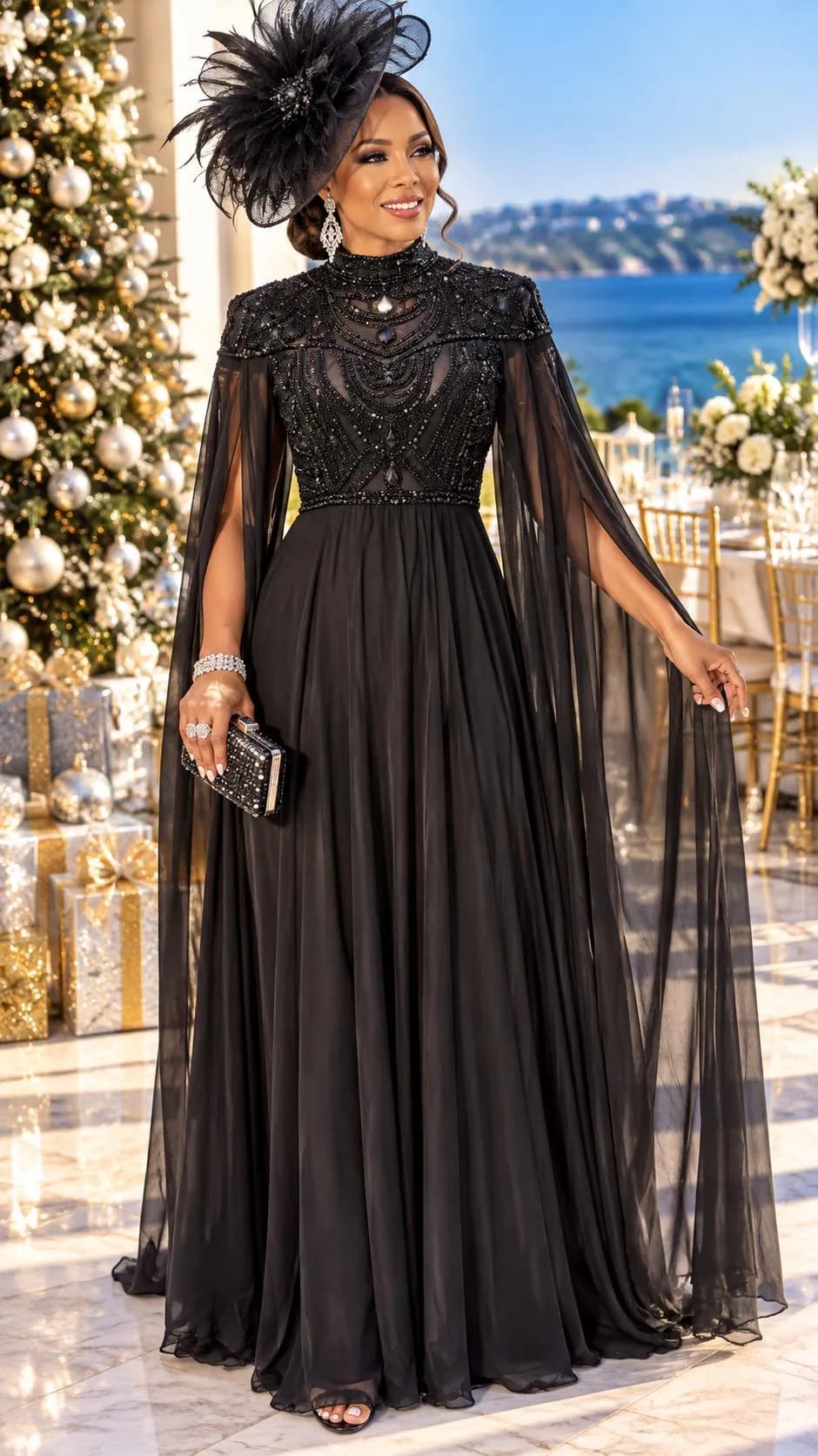 White Crystal Beaded Cape Sleeve Chiffon Dress Formal Wedding Guest Gown Mother Bride Holiday Cocktail Party Birthday Engagement Reception - image 3