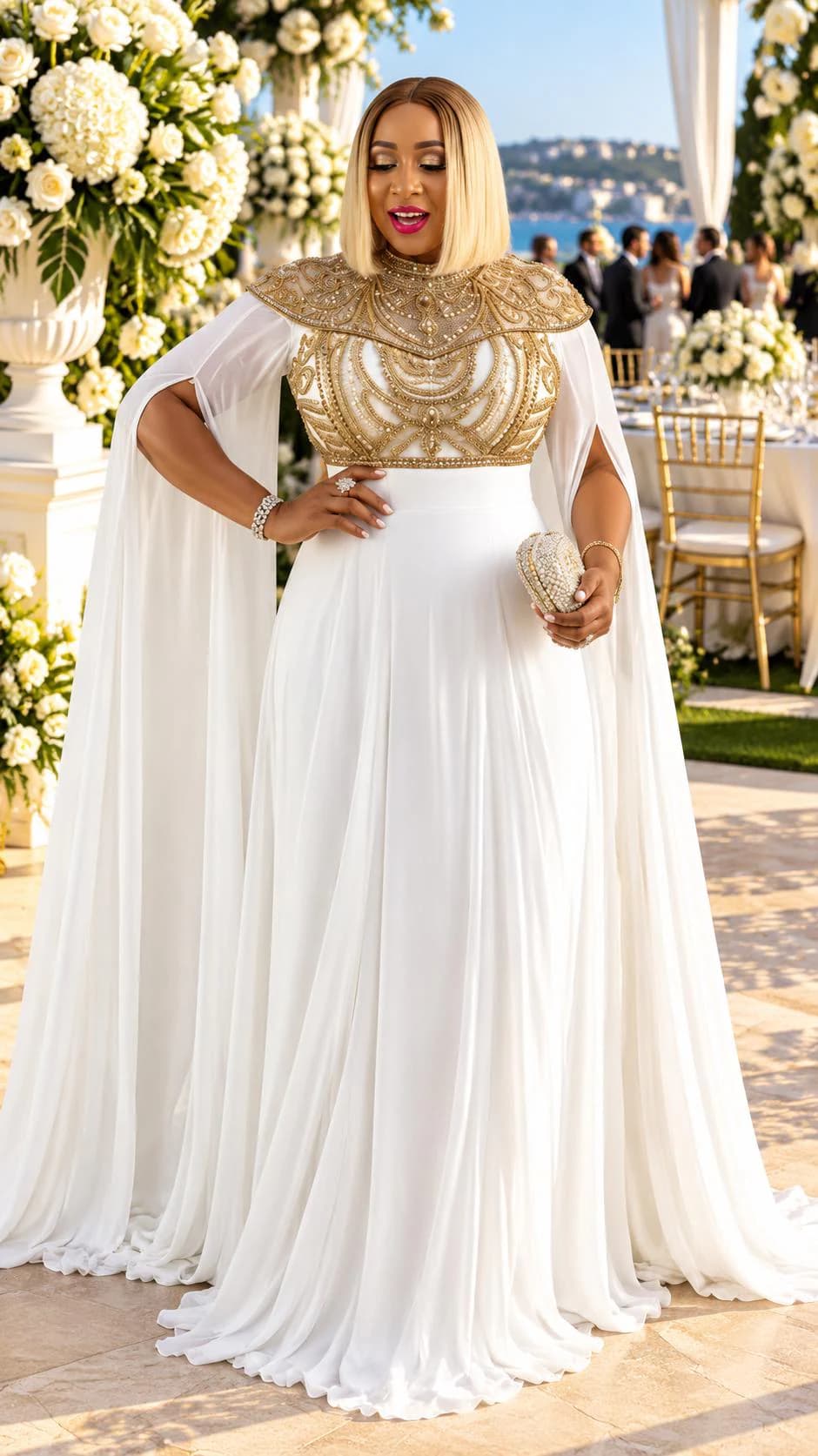 White Crystal Beaded Cape Sleeve Chiffon Dress Formal Wedding Guest Gown Mother Bride Holiday Cocktail Party Birthday Engagement Reception - image 5