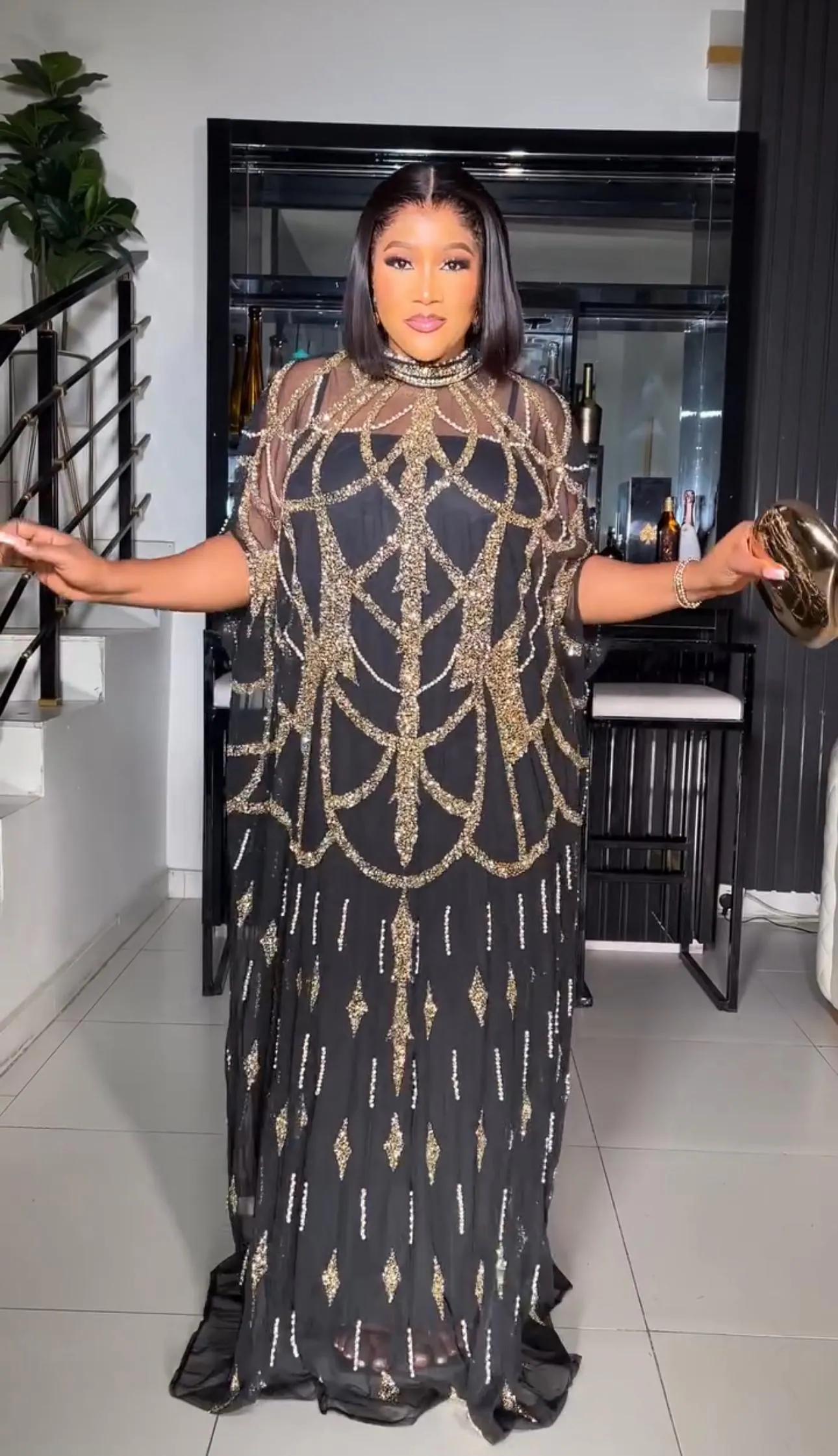 Gold Beaded Kaftan Wedding Guest Dress Mother of Bride Black Tie Attire Birthday Photoshoot Gala Reception Celebrant Holiday Cocktail Party