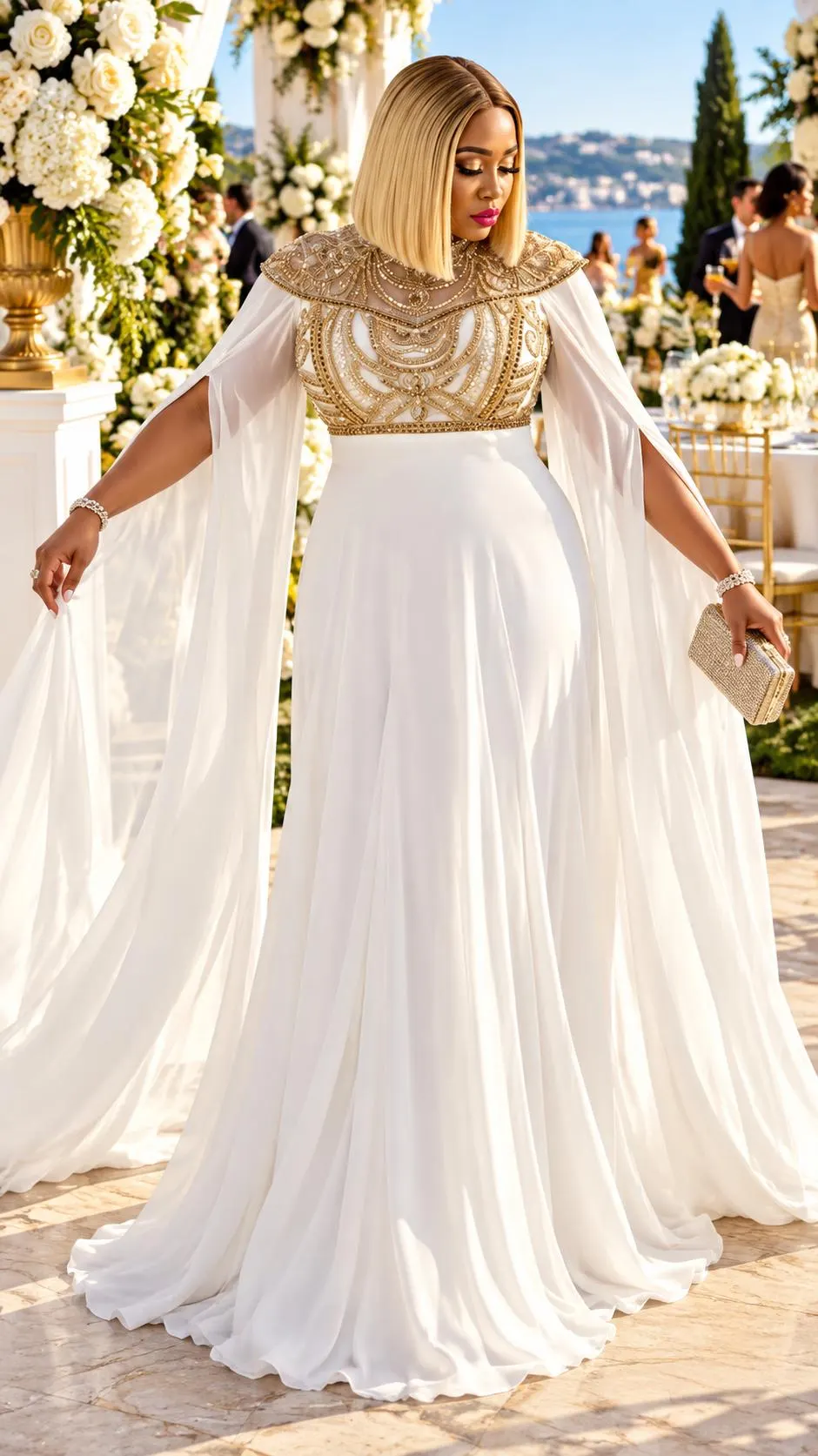 White Crystal Beaded Cape Sleeve Chiffon Dress Formal Wedding Guest Gown Mother Bride Holiday Cocktail Party Birthday Engagement Reception - image 4