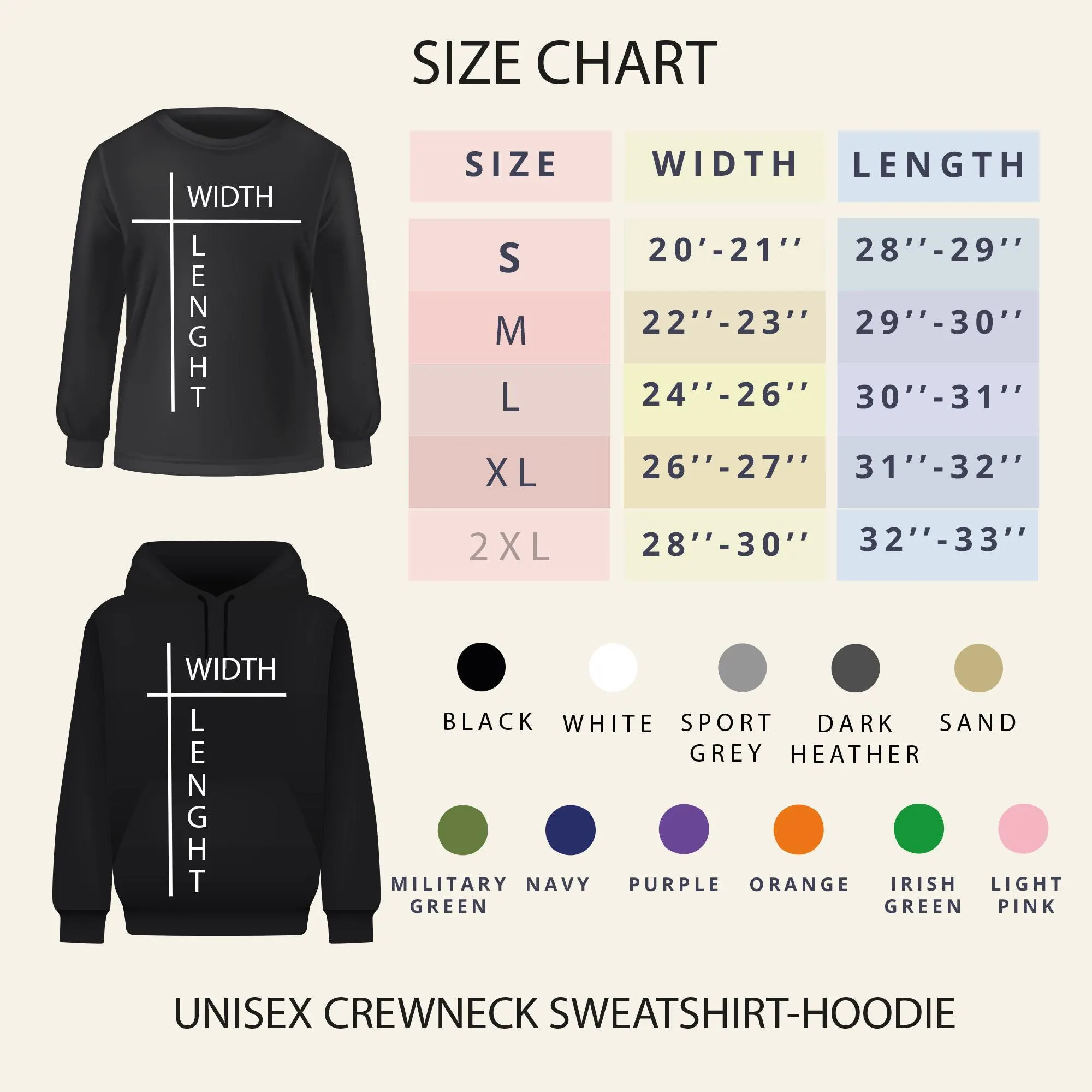 The image is a size chart for a crewneck sweatshirt, including measurements for different sizes and color options.