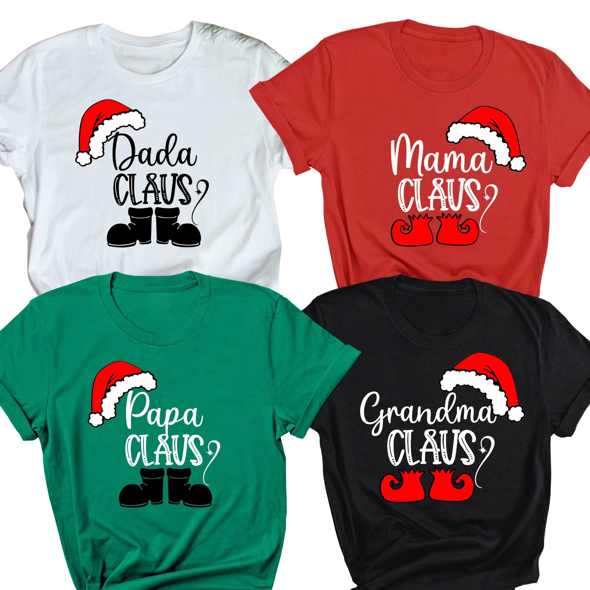 four t-shirts with Christmas-themed designs, including Santa Claus and family names.