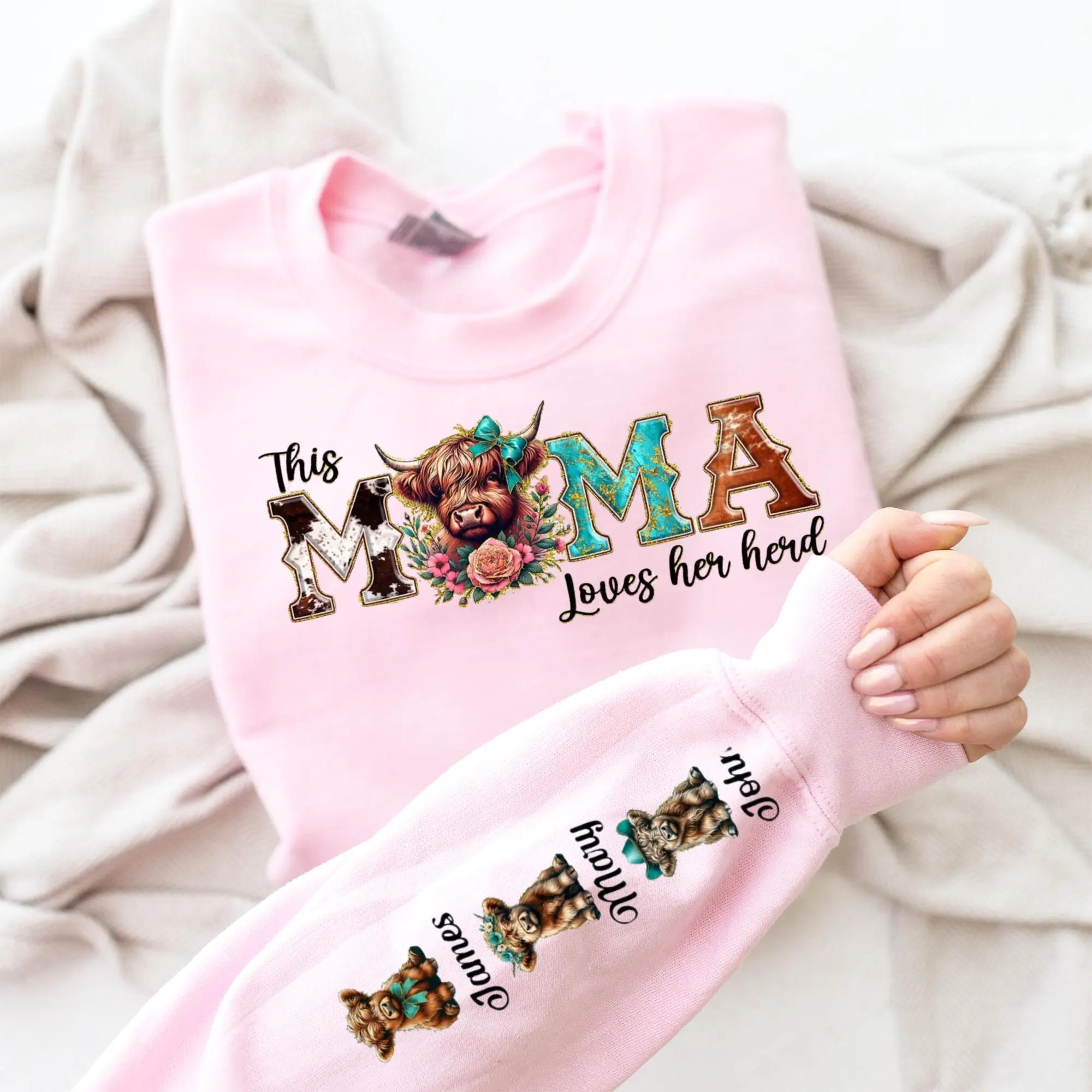 Personalized Cow Mom Sweatshirt, Custom Kids Names, Farmer Mama Hoodie, Custom Cow Print Mama Shirt with Kids Names - image 3