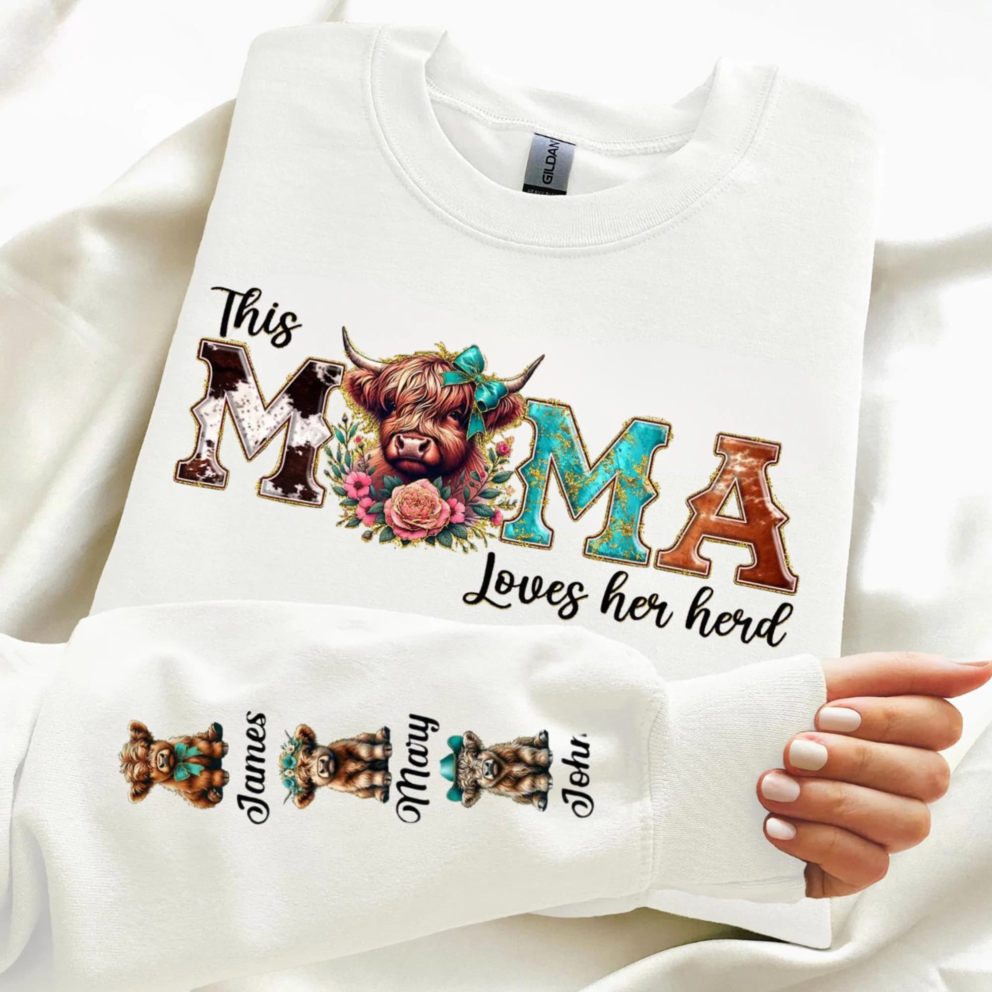 Personalized Cow Mom Sweatshirt, Custom Kids Names, Farmer Mama Hoodie, Custom Cow Print Mama Shirt with Kids Names - image 5