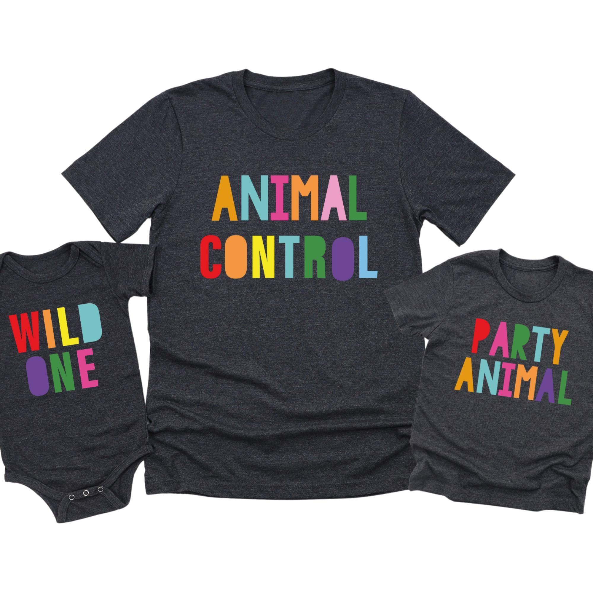 three black t-shirts with colorful text printed on them.