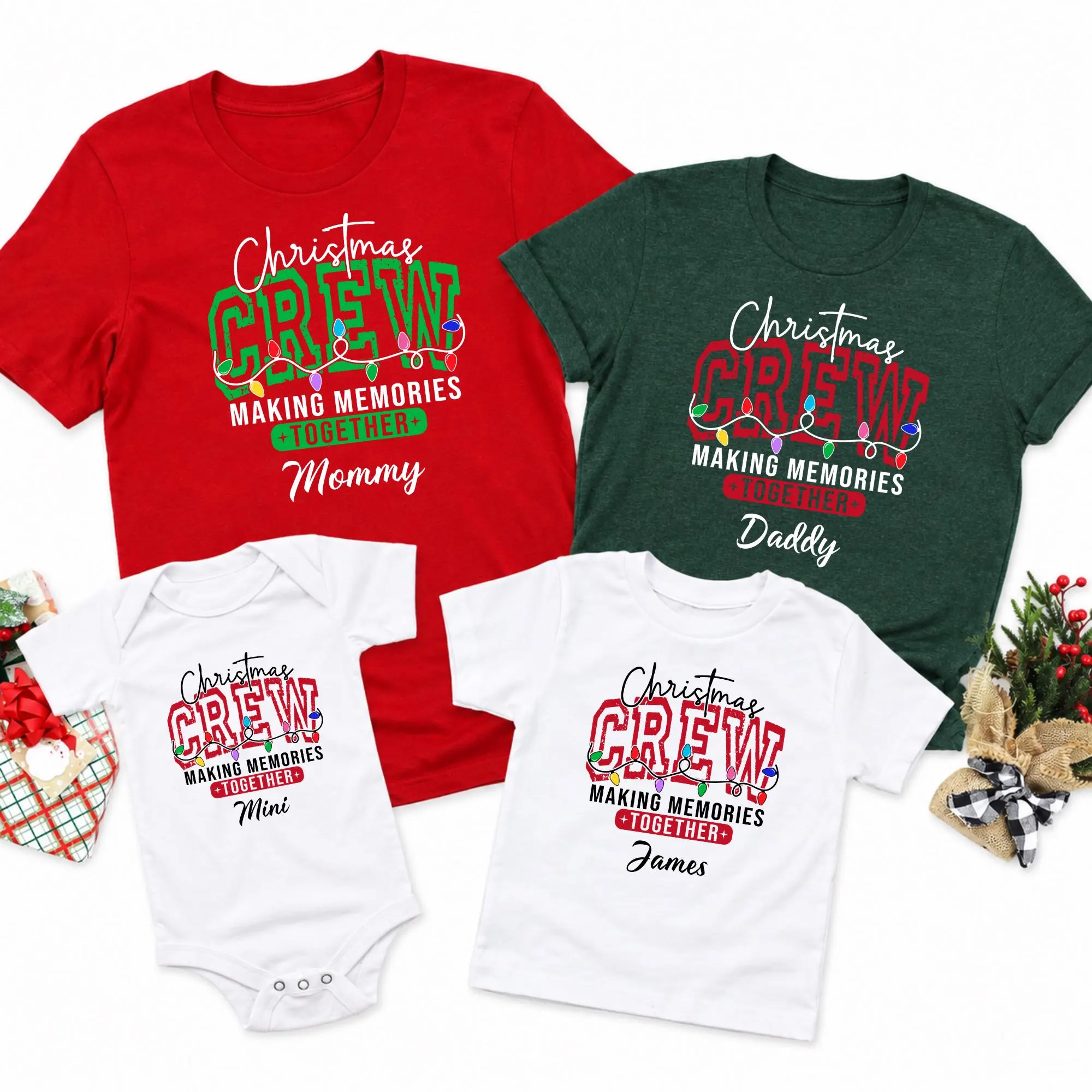 a collection of Christmas crew t-shirts, each with a unique design and text, along with a small baby onesie.