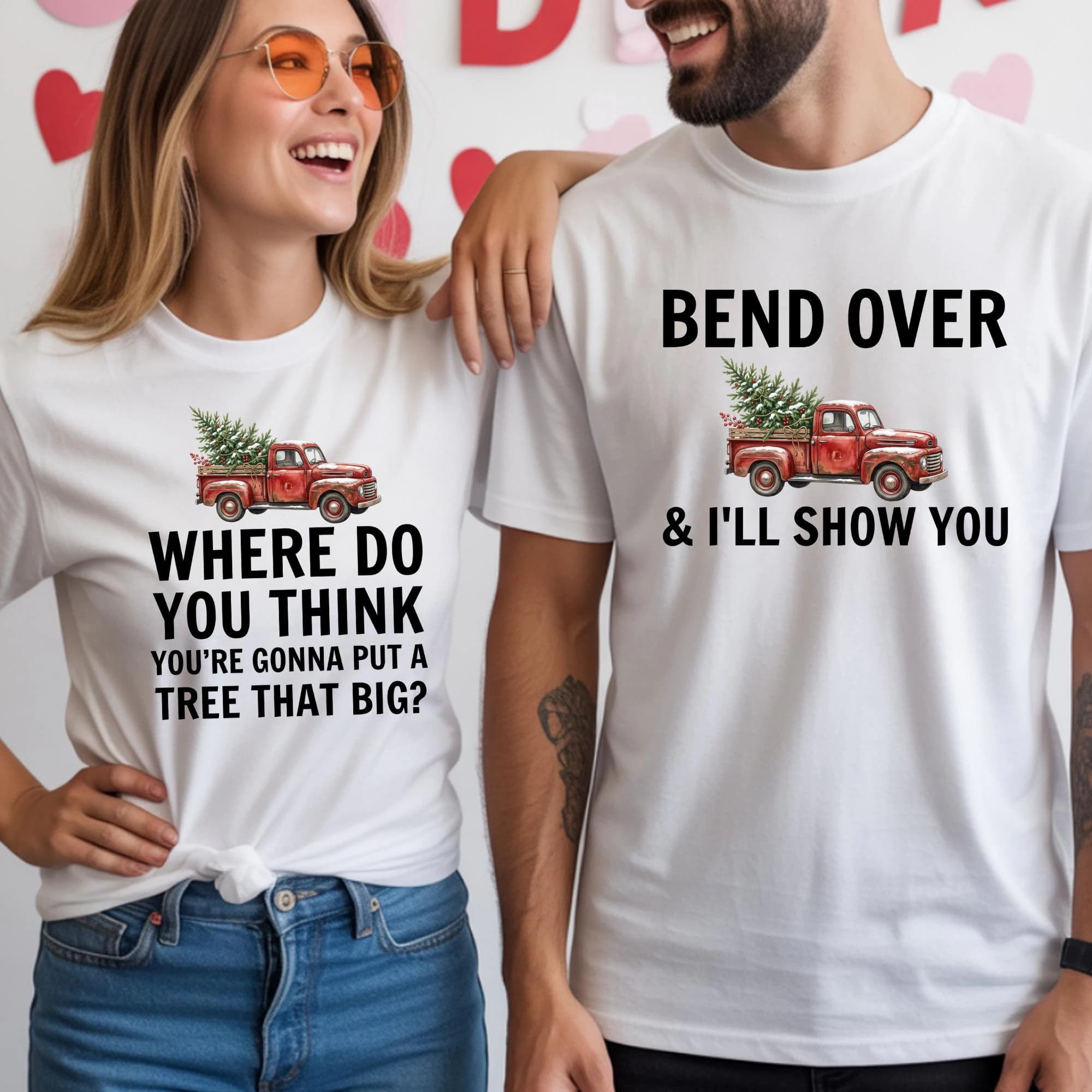 A woman and a man wearing white t-shirts with humorous text and graphics.