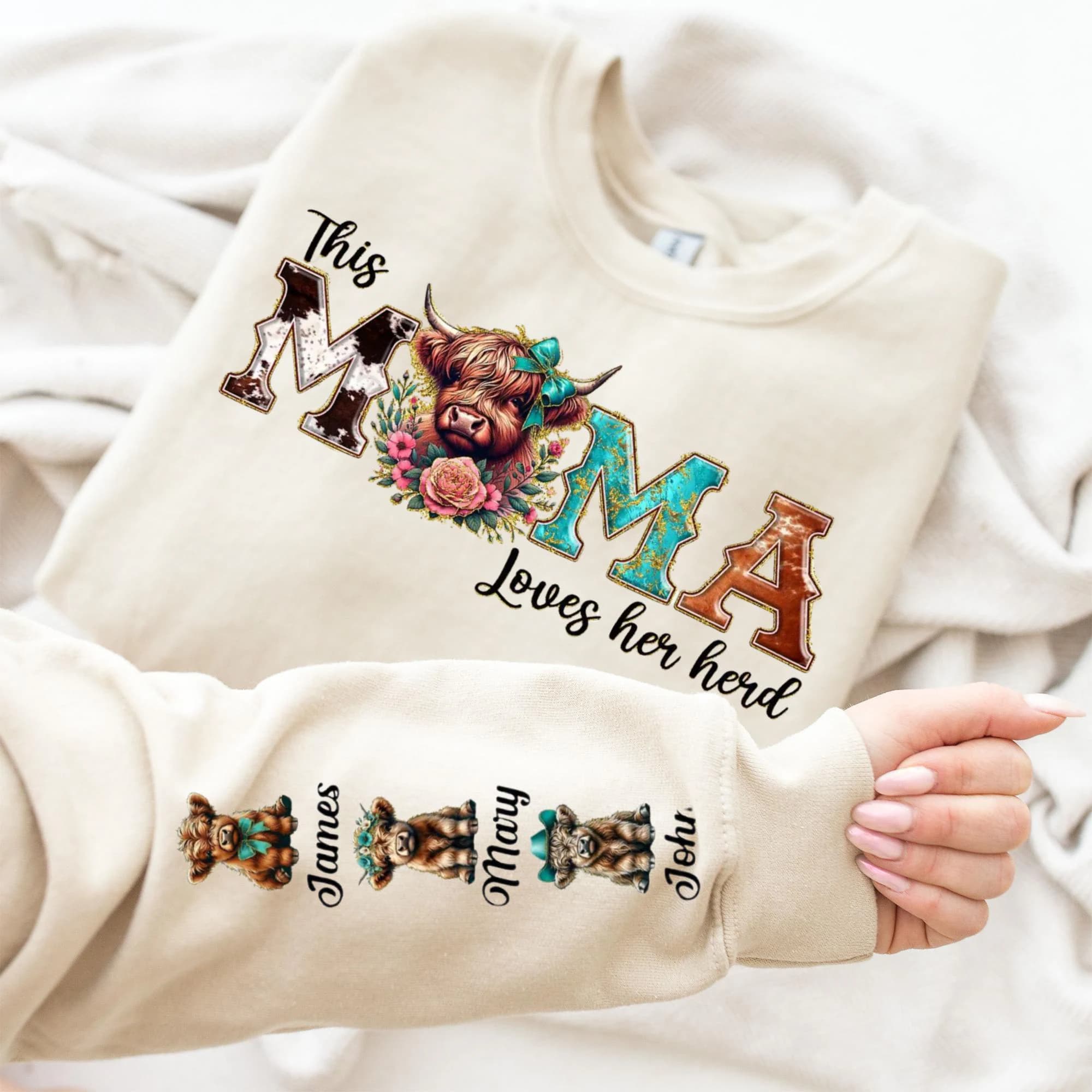 Personalized Cow Mom Sweatshirt, Custom Kids Names, Farmer Mama Hoodie, Custom Cow Print Mama Shirt with Kids Names
