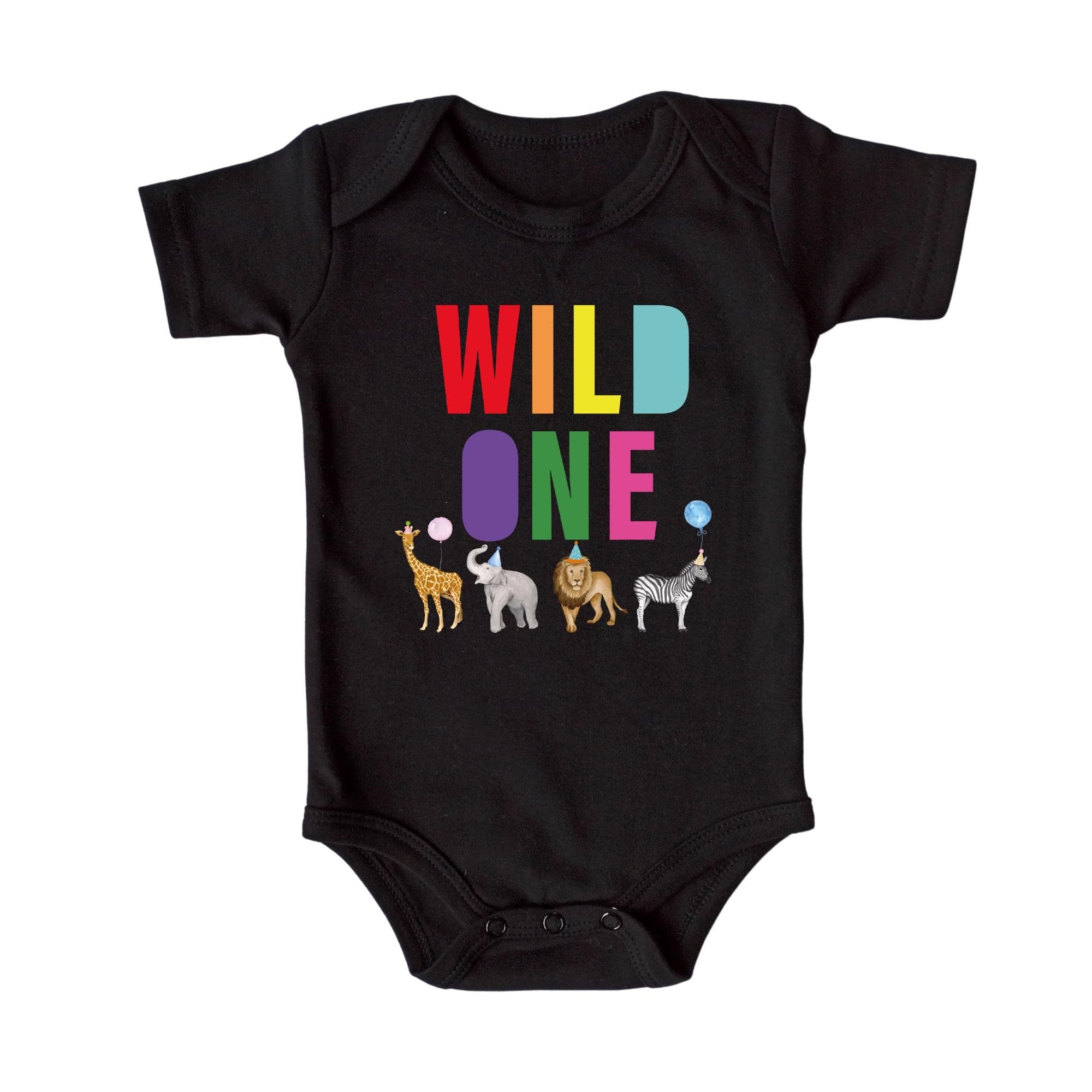 A black baby onesie with the text "WILD ONE" printed on it, featuring illustrations of various animals.