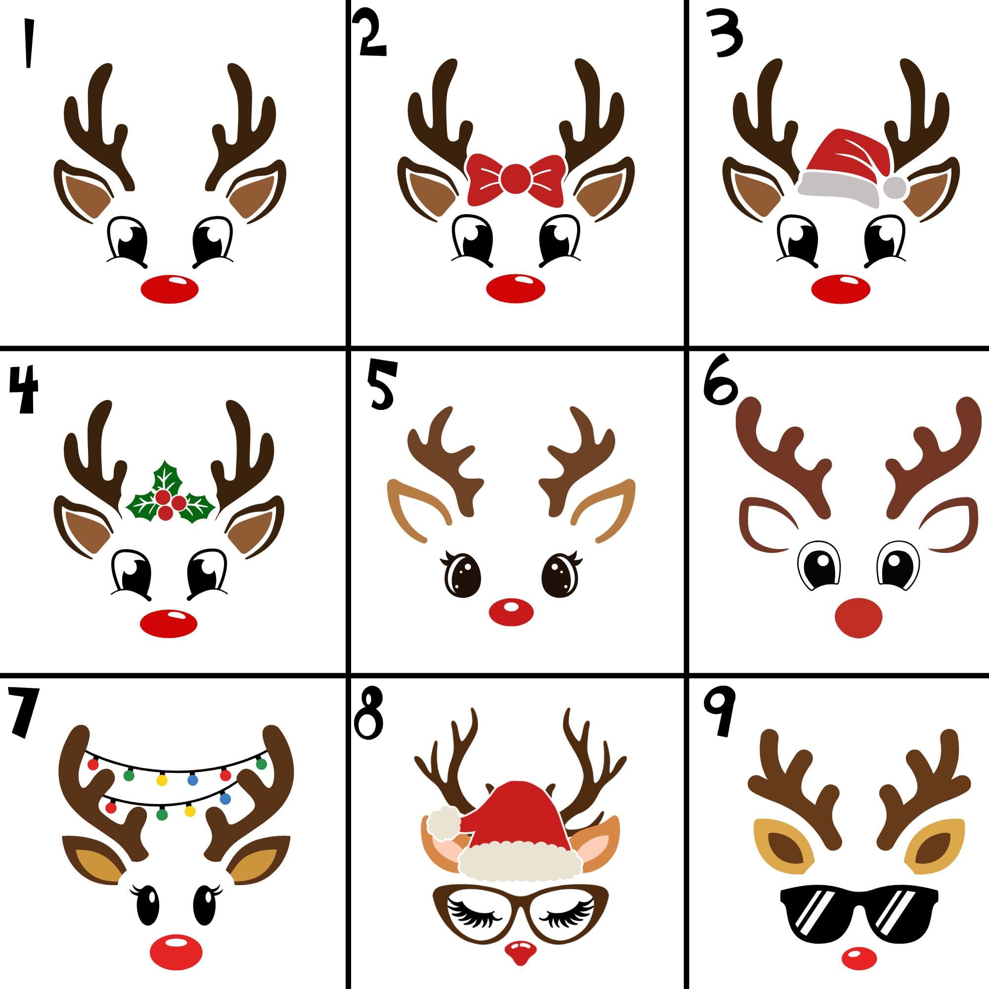 nine distinct reindeer faces, each with a unique style and accessory, arranged in a 3x3 grid.