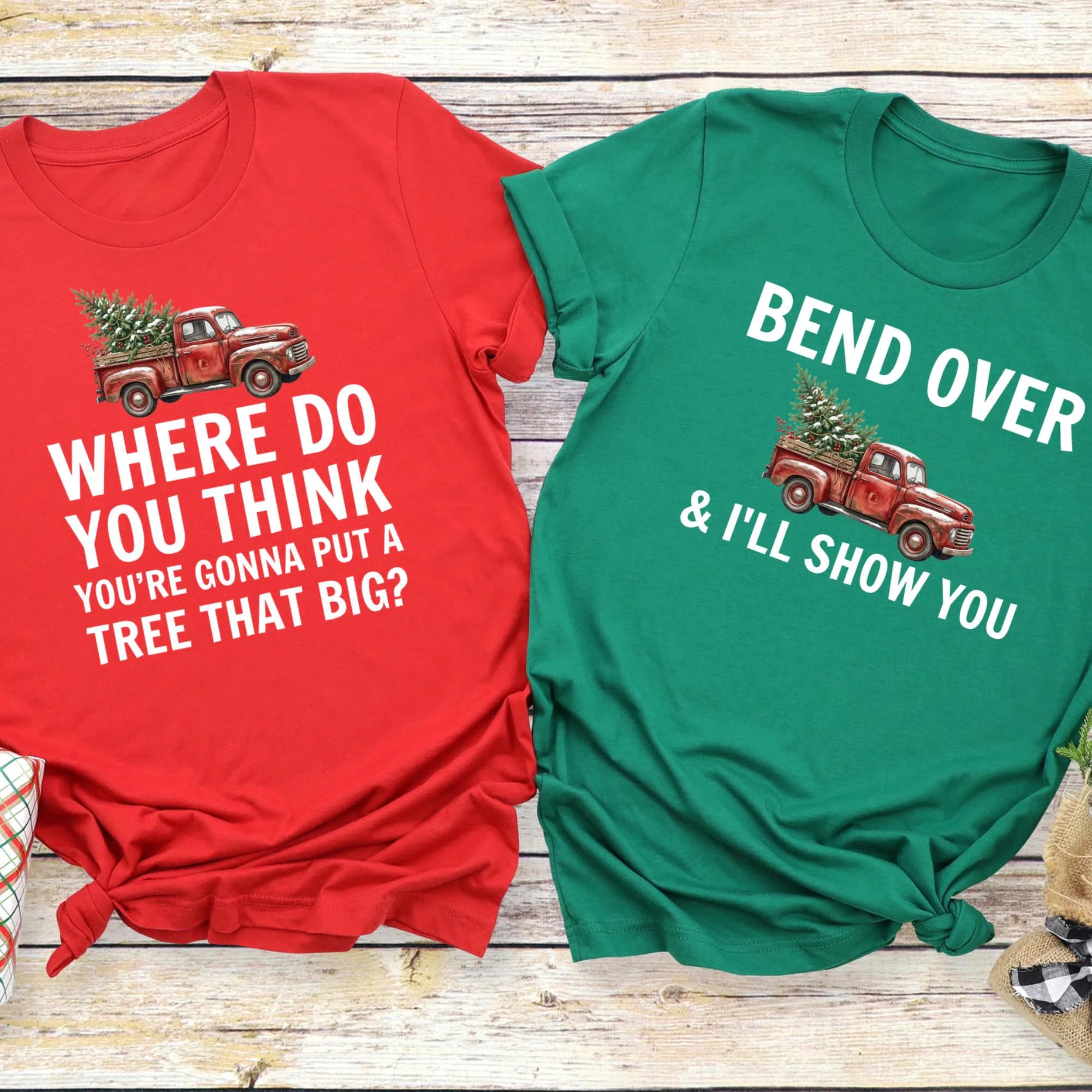 two t-shirts with humorous Christmas-themed text and graphics.