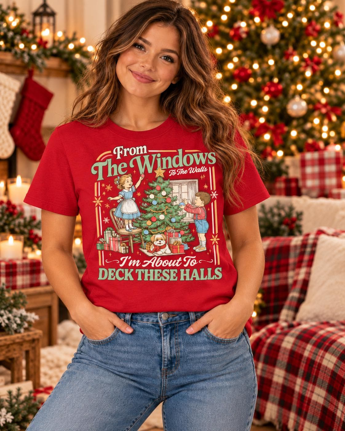 Funny Christmas Sweatshirt: From The Windows to the Walls I'm About to Deck These Halls Tee Shirt, Womens Holiday Party T-Shirt - image 5
