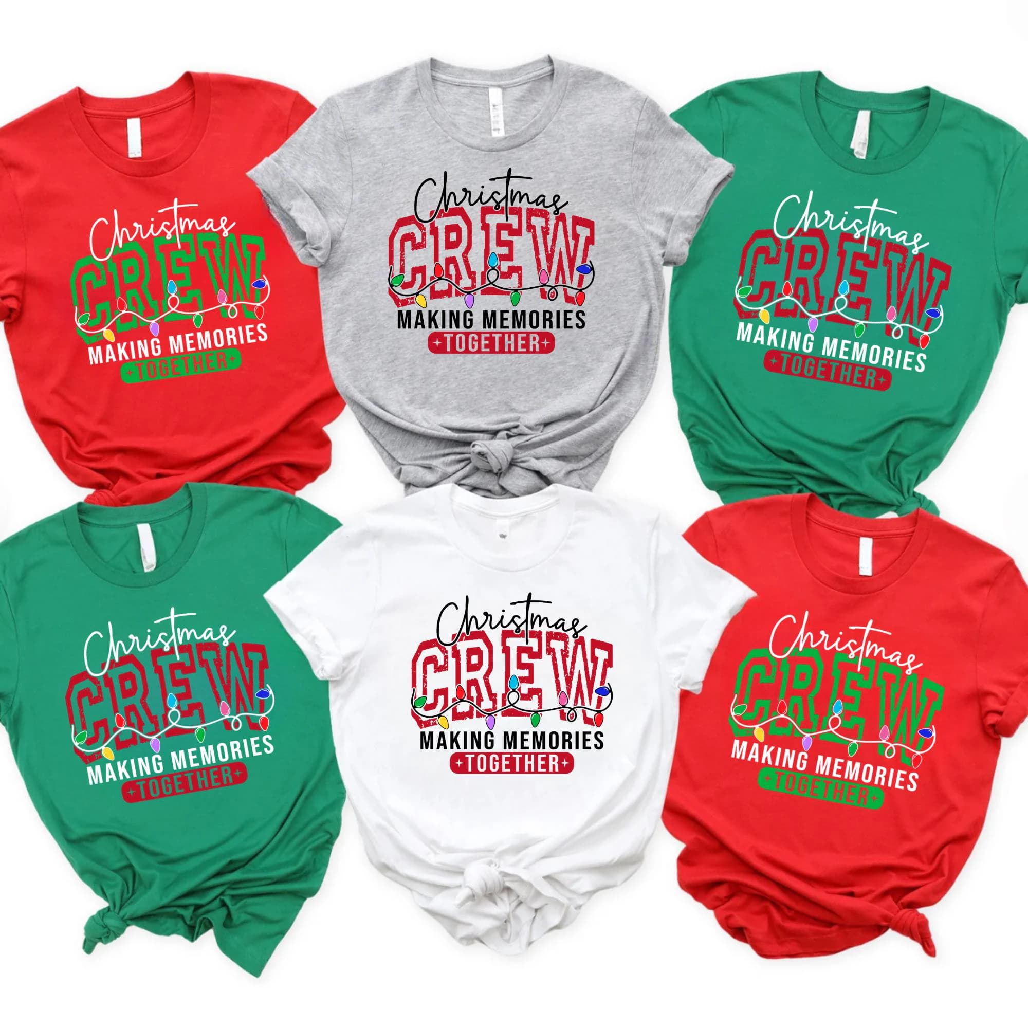 a collection of six Christmas crew t-shirts, each with a unique design and color scheme. The t-shirts feature the text "Christmas CREW MAKING MEMORIES TOGETHER" in a festive font, conveying a sense of unity and camaraderie during the holiday season.