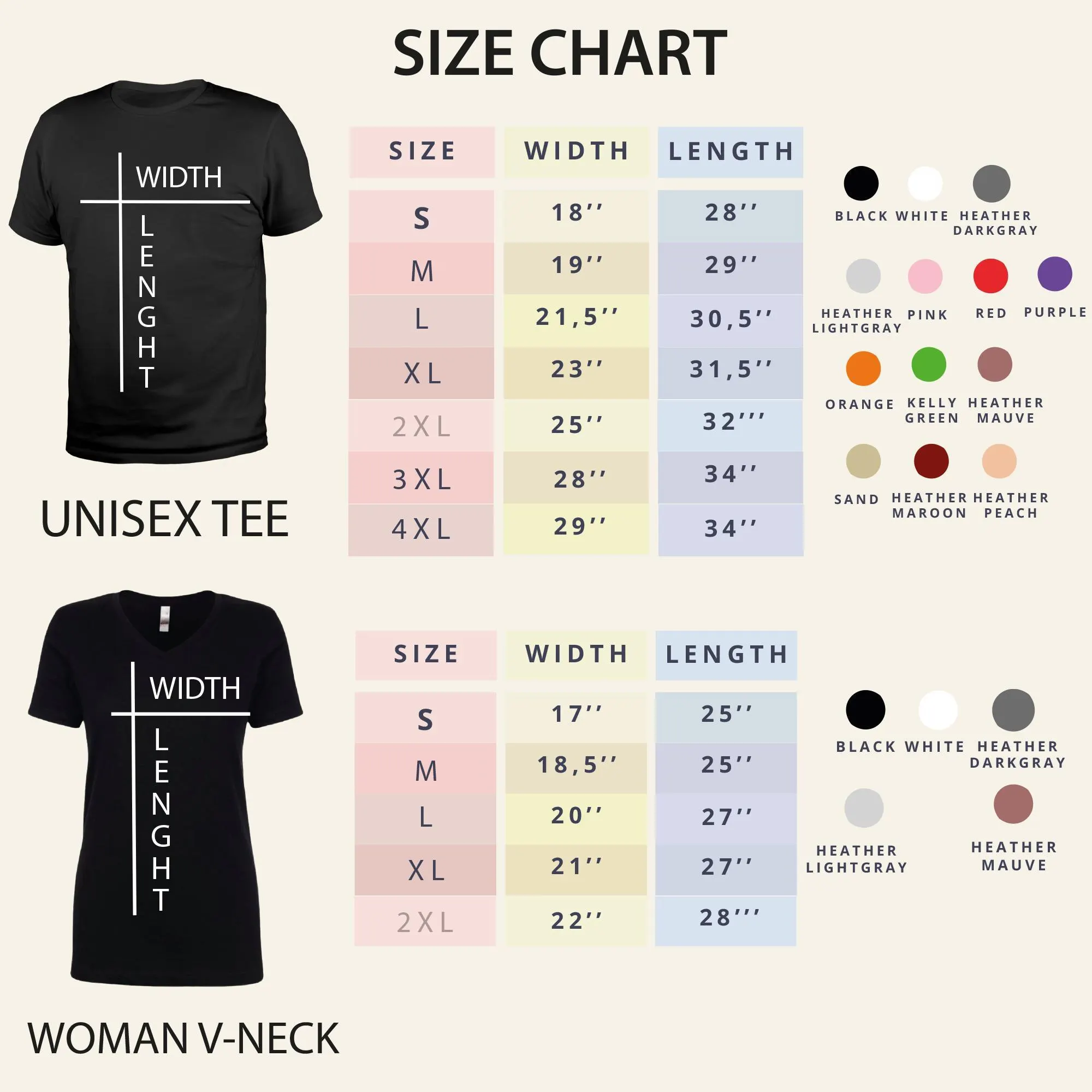 a size chart for a black t-shirt, including different sizes and corresponding widths. The chart also includes a separate chart for a unisex tee, which shows the sizes and corresponding colors.