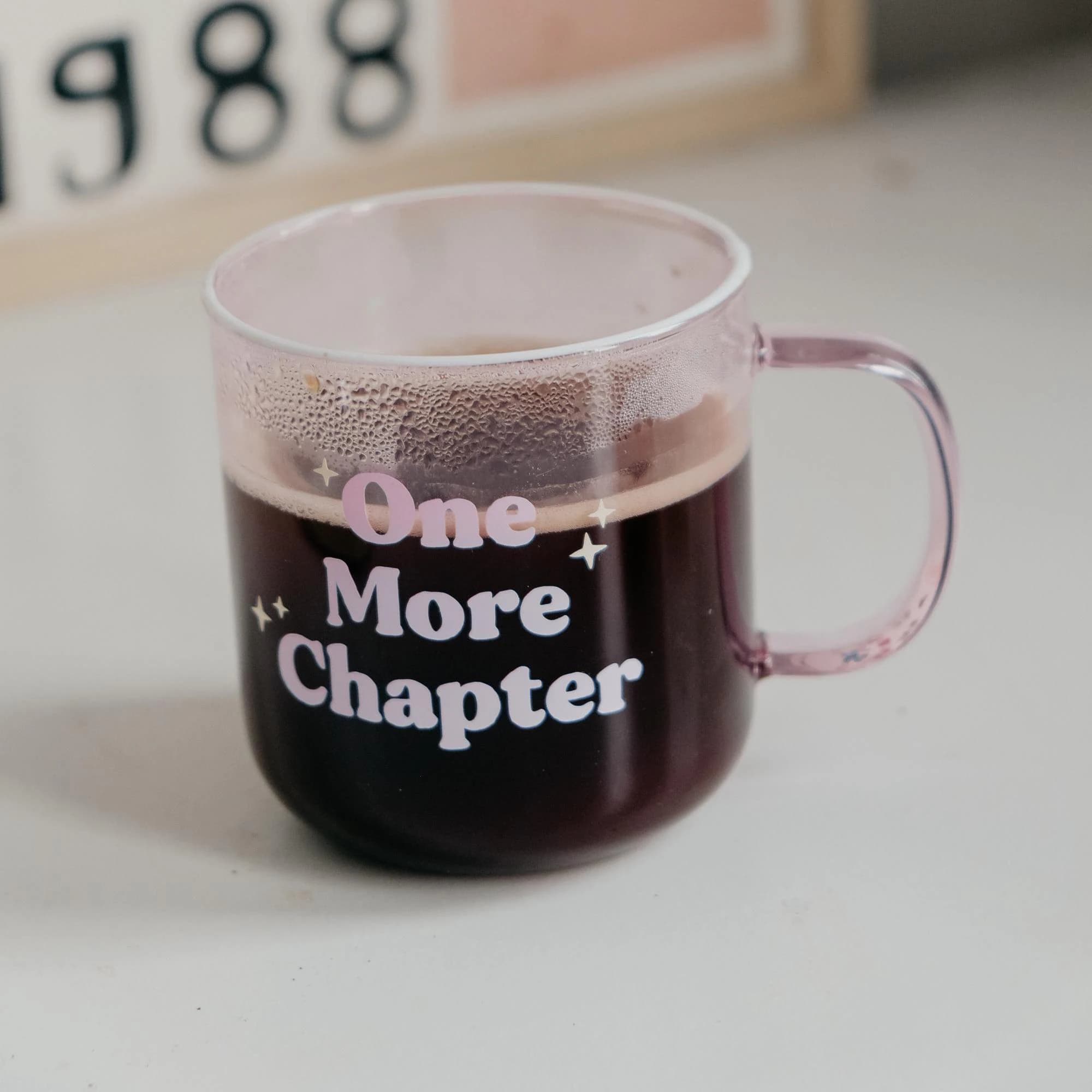 One More Chapter Library Pink Glass Mug | Bookish Gifts For Reader | Reading Coffee Cup, Book Lover Birthday Gift | Booktok Gifting