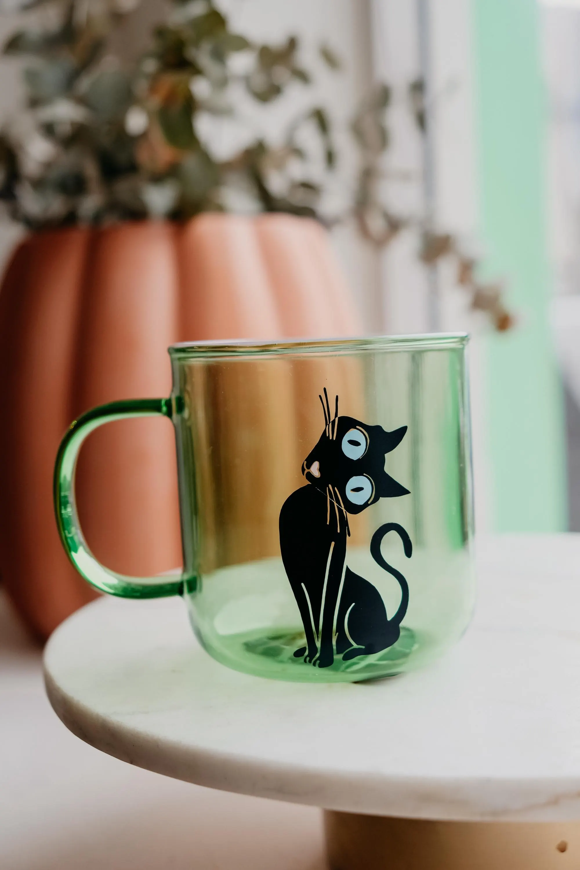 Wuss Puss Cat Coraline Green Glass Mug