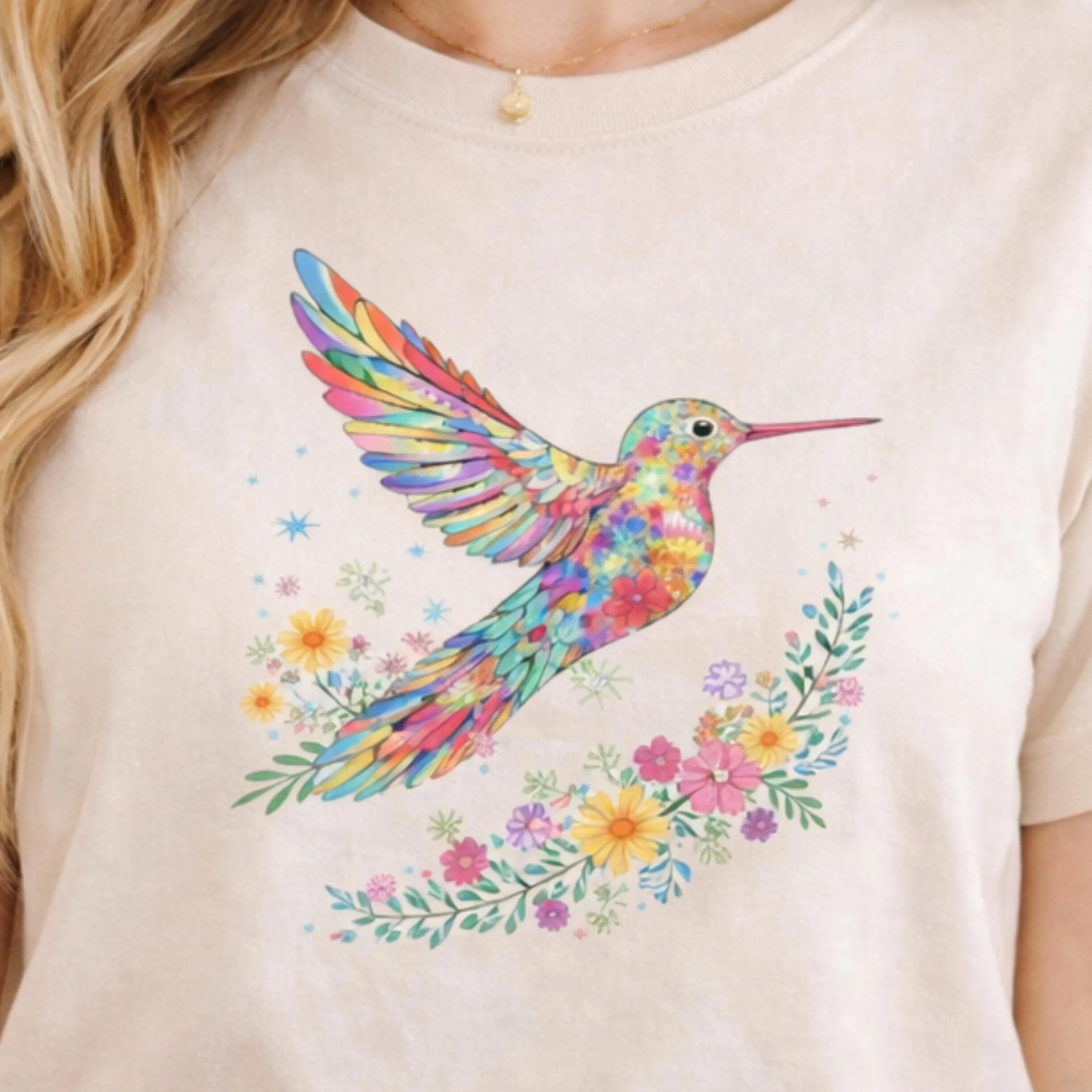 Comfort Colors Floral Hummingbird Shirt, Colorful Bird Lover Tee, Spring Flower Graphic Top - image 3