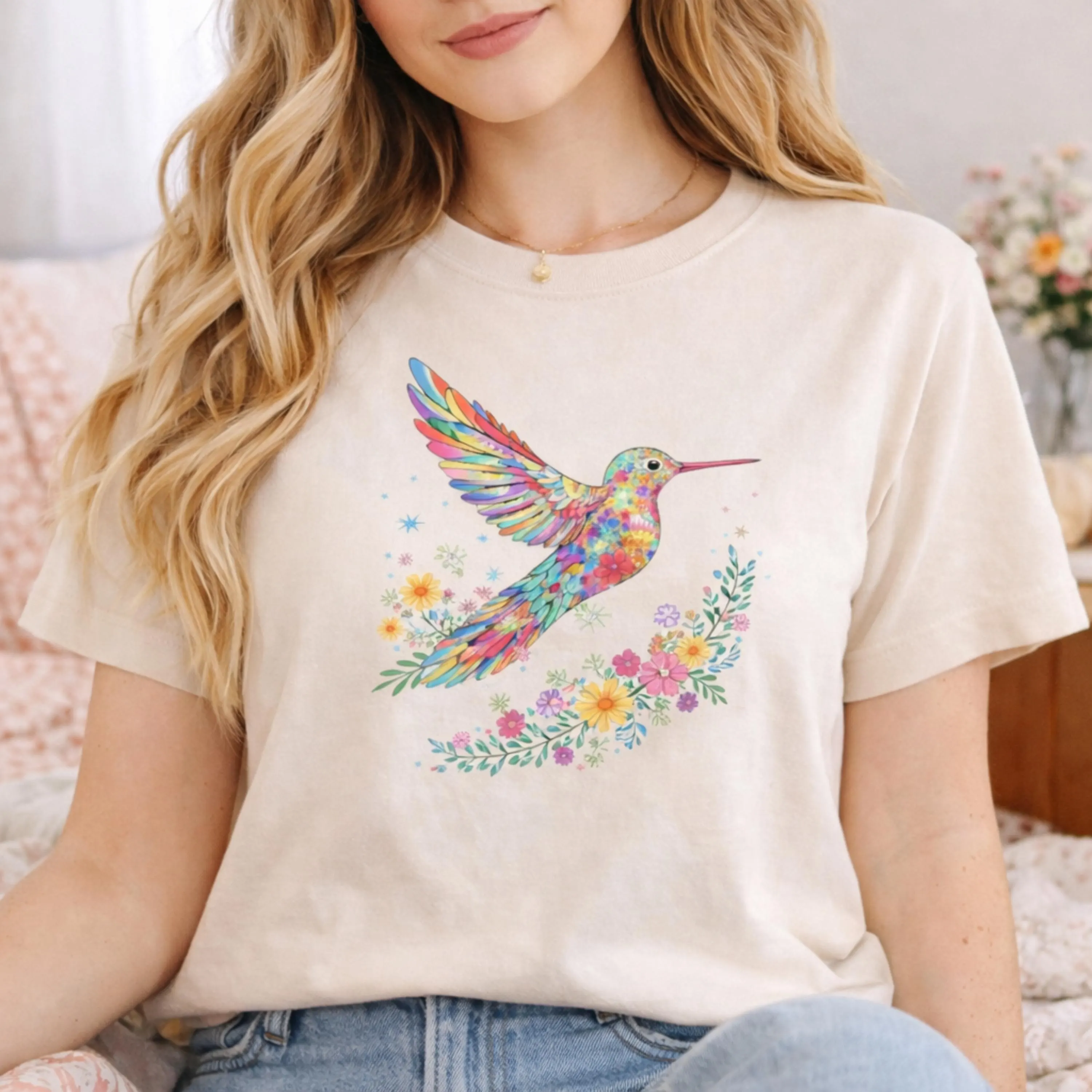 Comfort Colors Floral Hummingbird Shirt, Colorful Bird Lover Tee, Spring Flower Graphic Top