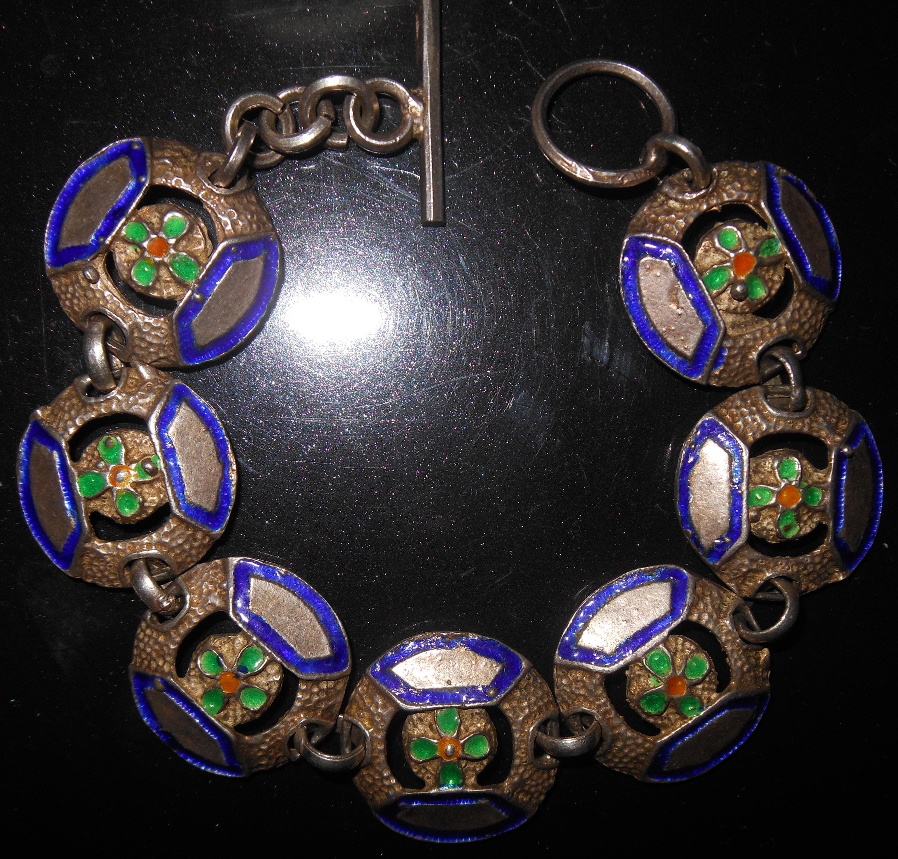 Bellissimo bracciale argento 800 smalti verde e blu