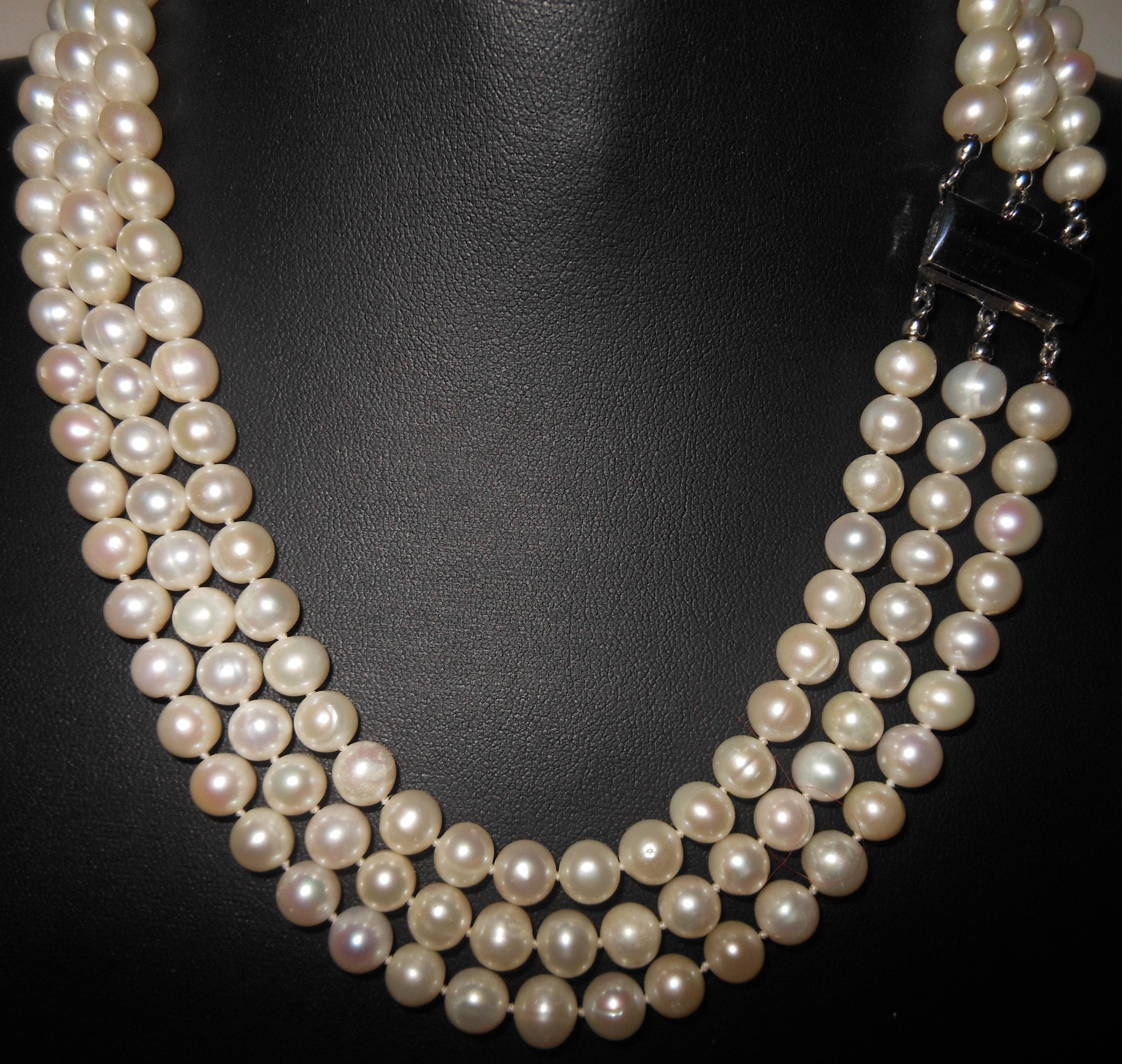 Maestosa collana perle coltivate a tre fili susta argento sterling 925. - image 5