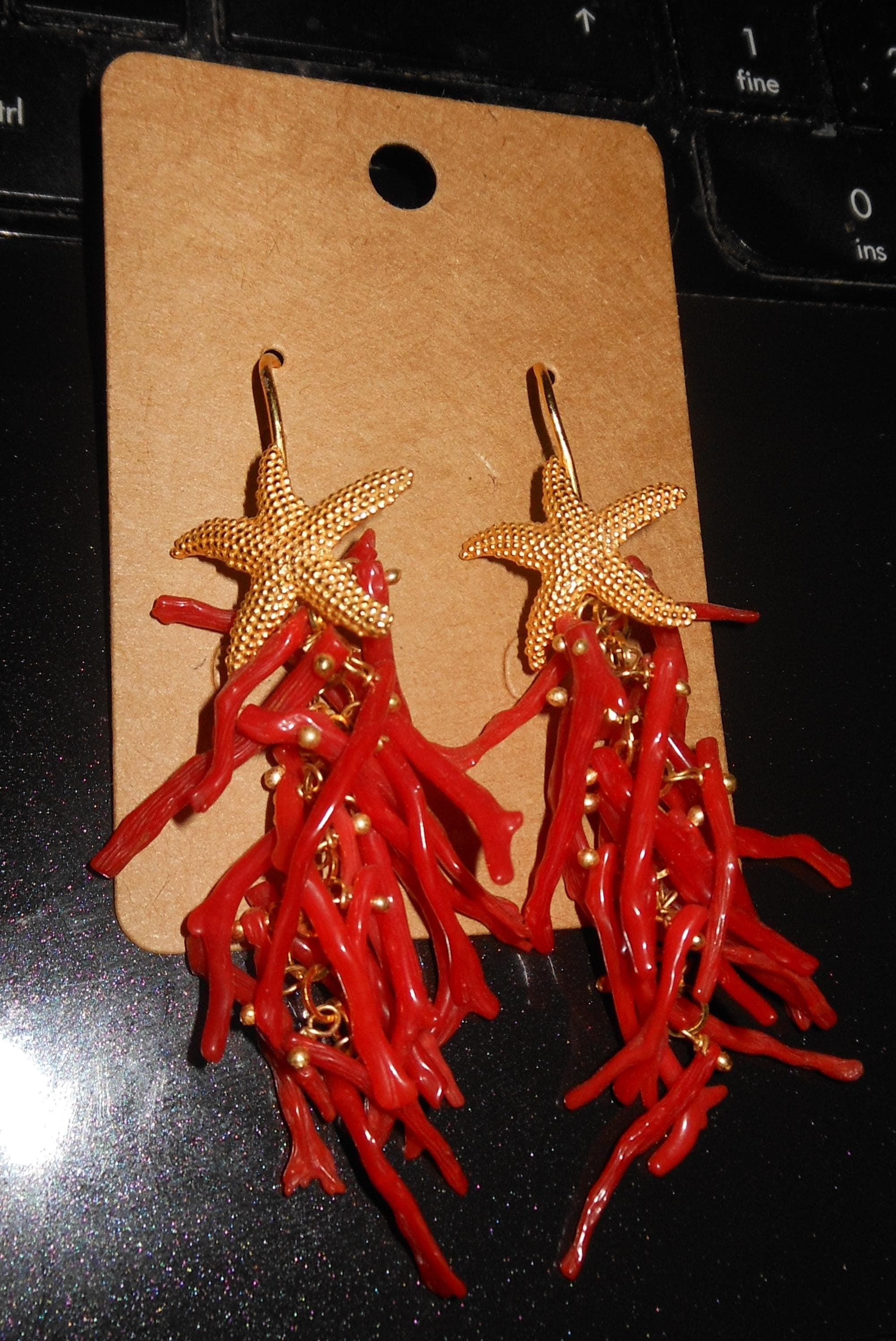 n. 10 - MAGNIFICI orecchini a pendolo - corallo rosso - stella - artigianali, fatti a mano in ITALIA - image 3