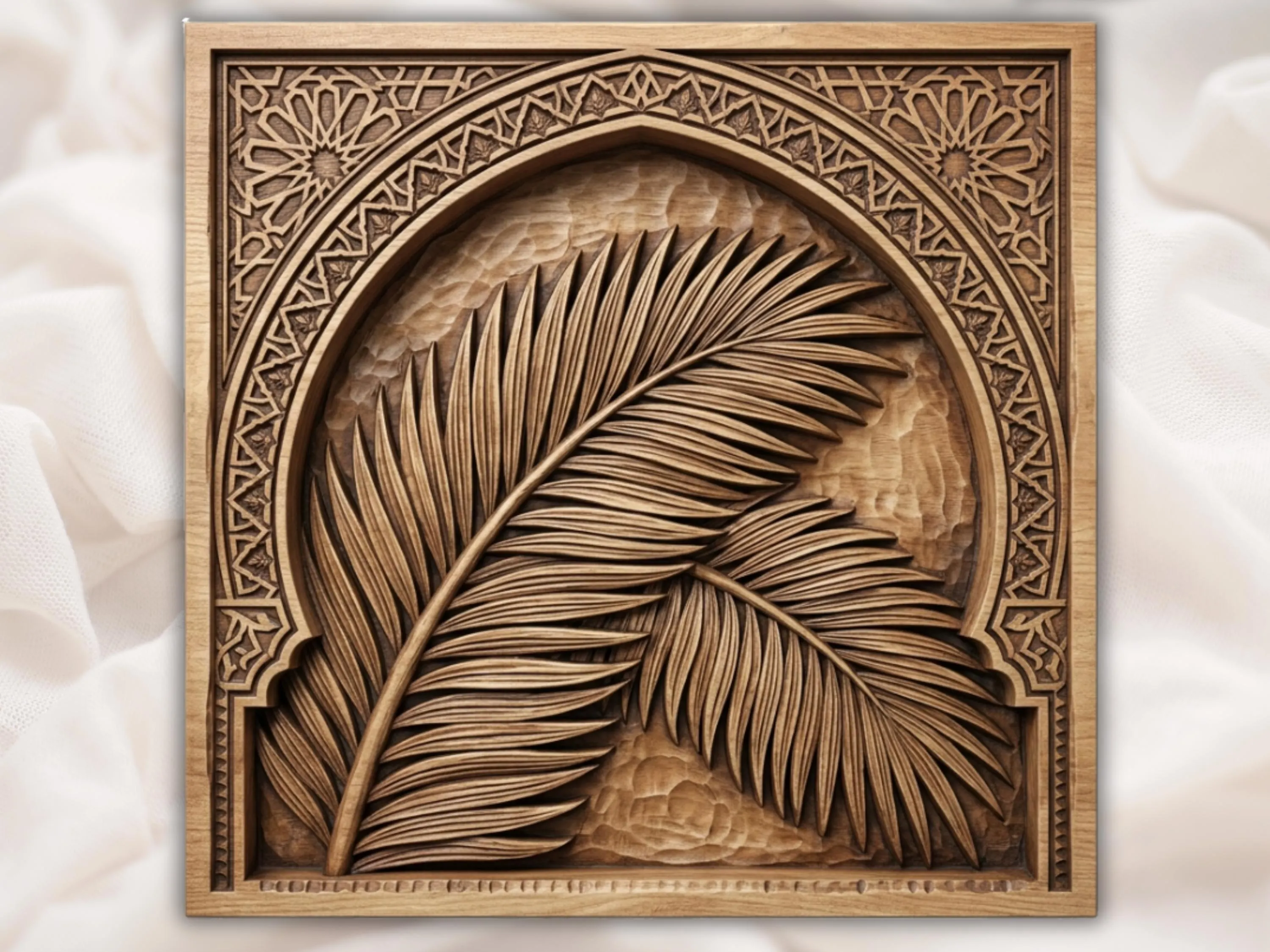 Tropical Palm Leaf Archway CNC Relief STL | Islamic Geometric Wall Art Panel | Moorish Decor Wood Carving Design