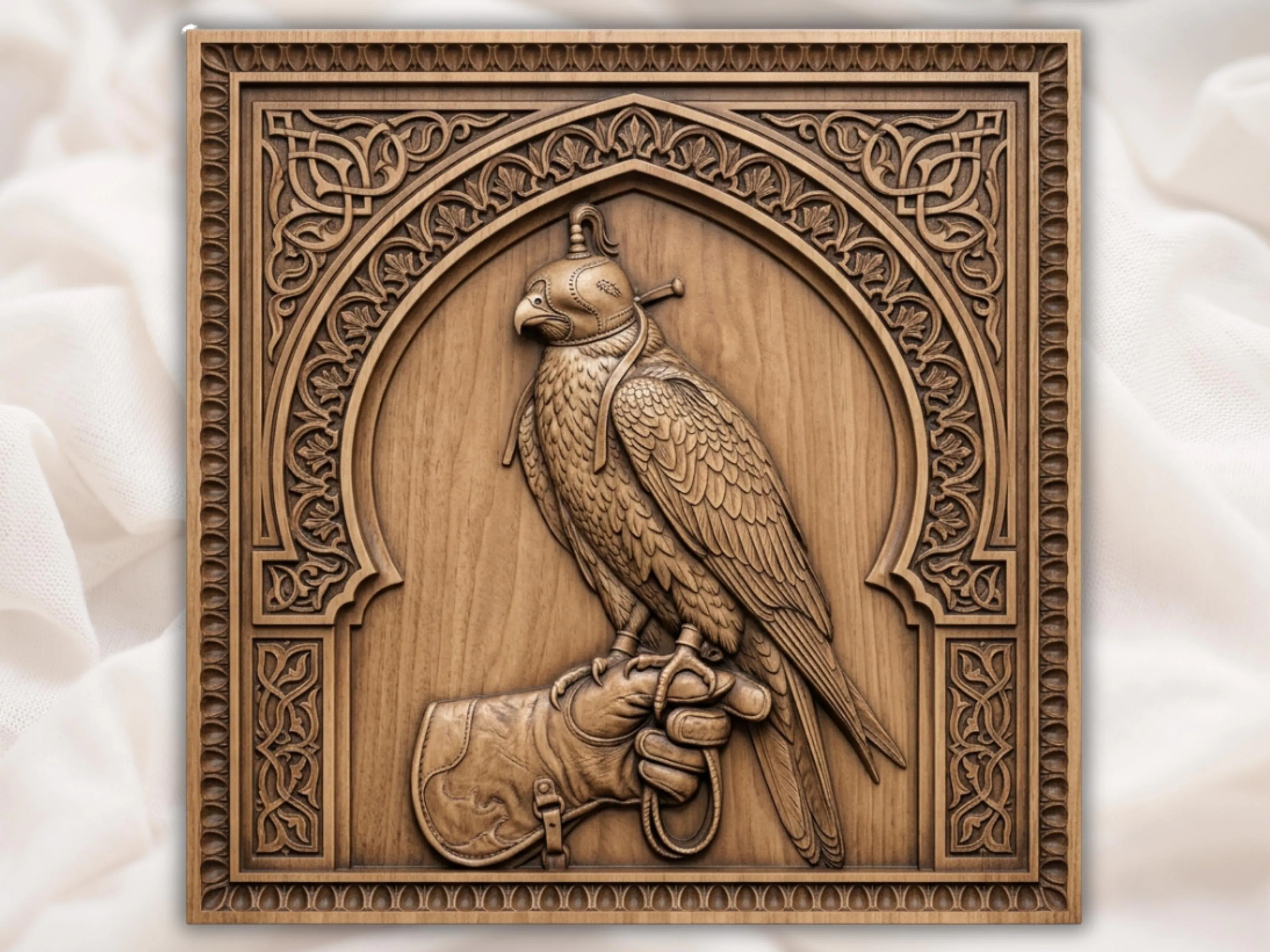 Noble Falcon Falconer Bird of Prey CNC Relief STL | Moorish Arch Wall Art Panel | Arabesque Wood Carving Design | Hunting Decor