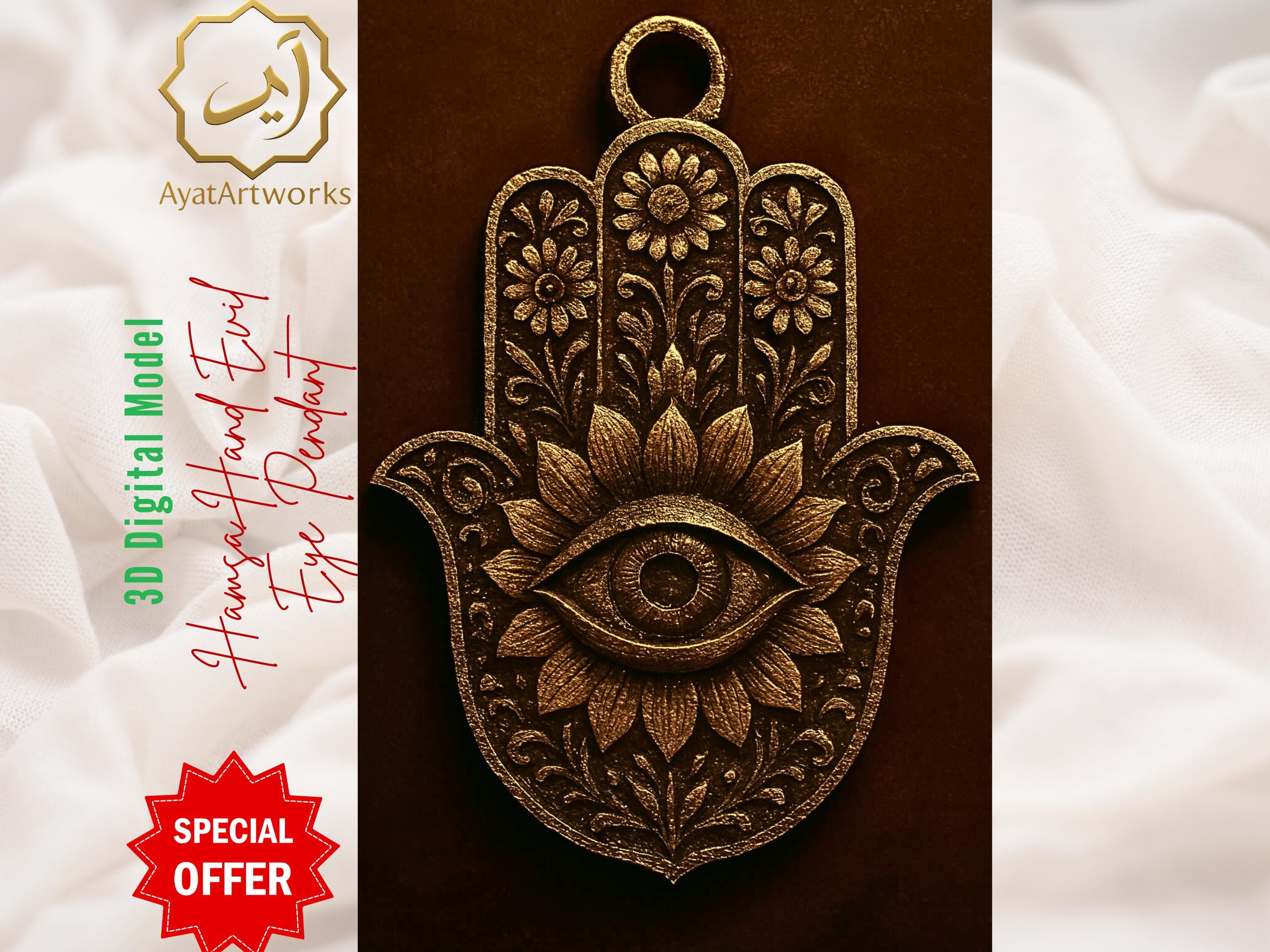 Hamsa Hand Evil Eye Pendant STL – Floral Hand of Fatima Talisman 3D Model, Protective Boho Amulet, 3D Printable Digital Download - image 3