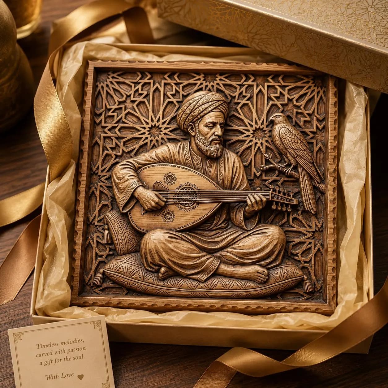 Traditional Oud Player and Falcon CNC Relief STL | Arabic Musician Wall Art Panel | Islamic Geometric Pattern Decor - image 4
