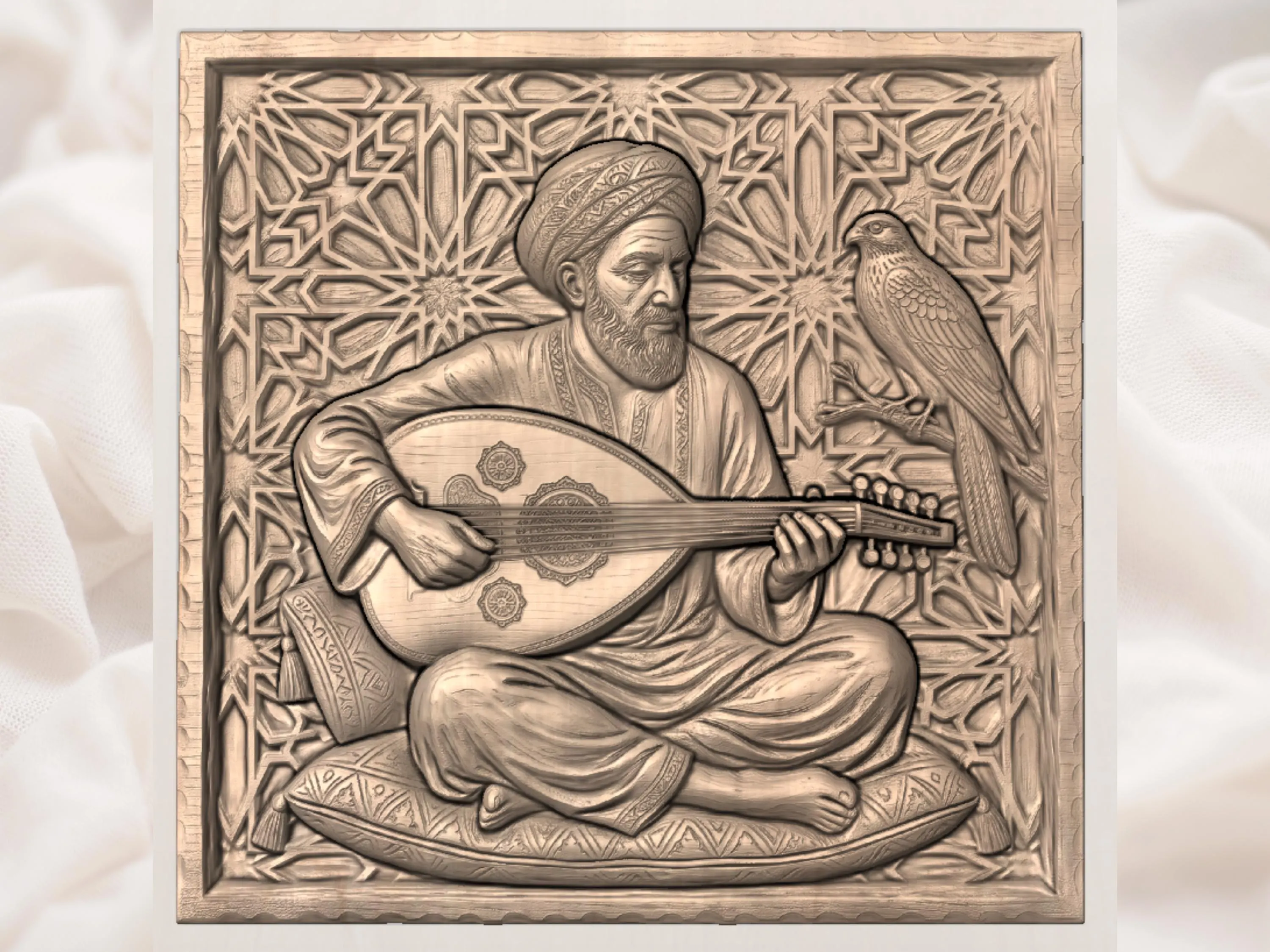 Traditional Oud Player and Falcon CNC Relief STL | Arabic Musician Wall Art Panel | Islamic Geometric Pattern Decor - image 5