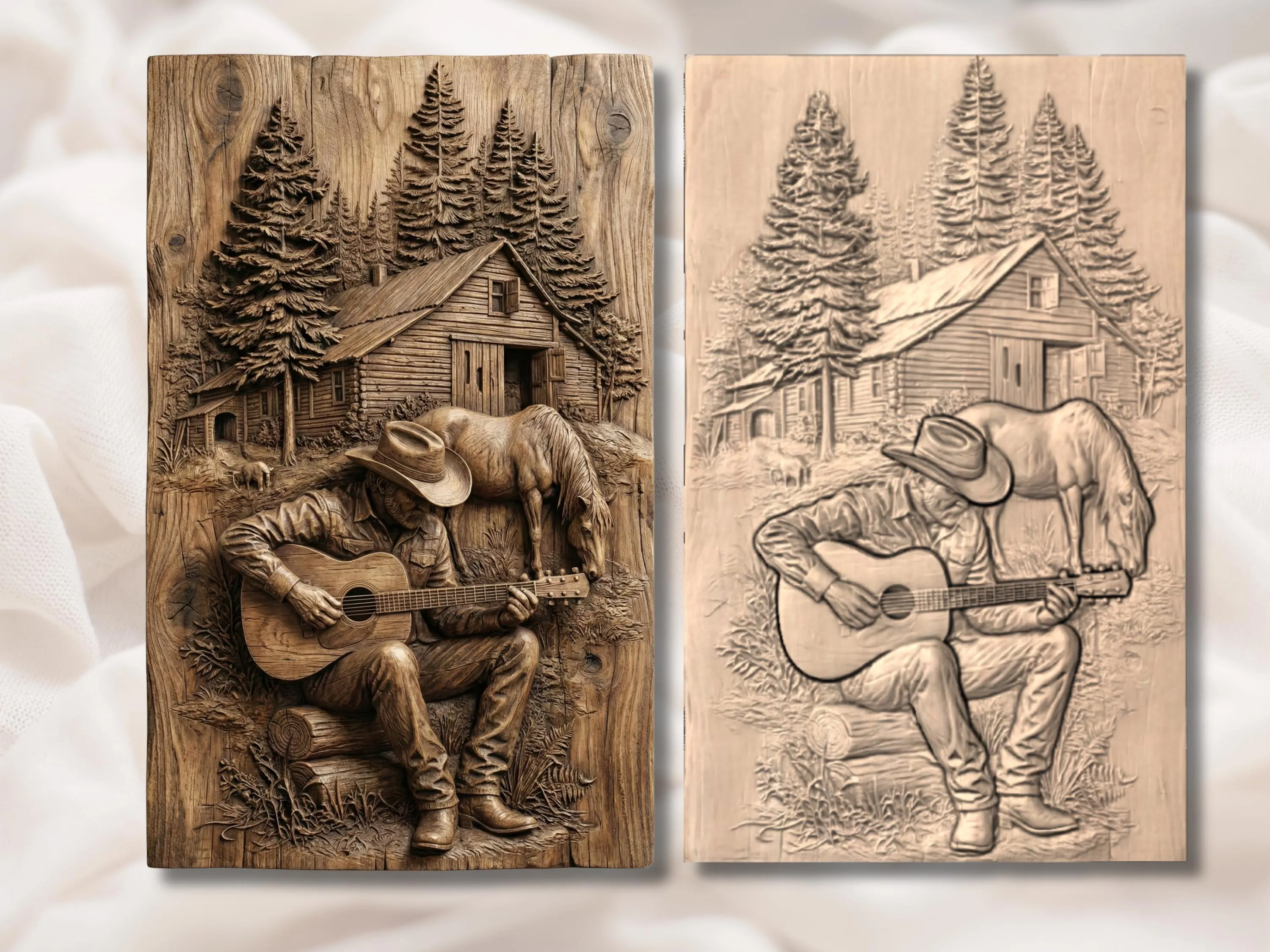 Cowboy Guitar 3D Relief STL | Western Ranch Cabin Scene for CNC Router, Laser Engraving & 3D Printing | Horse Wall Art