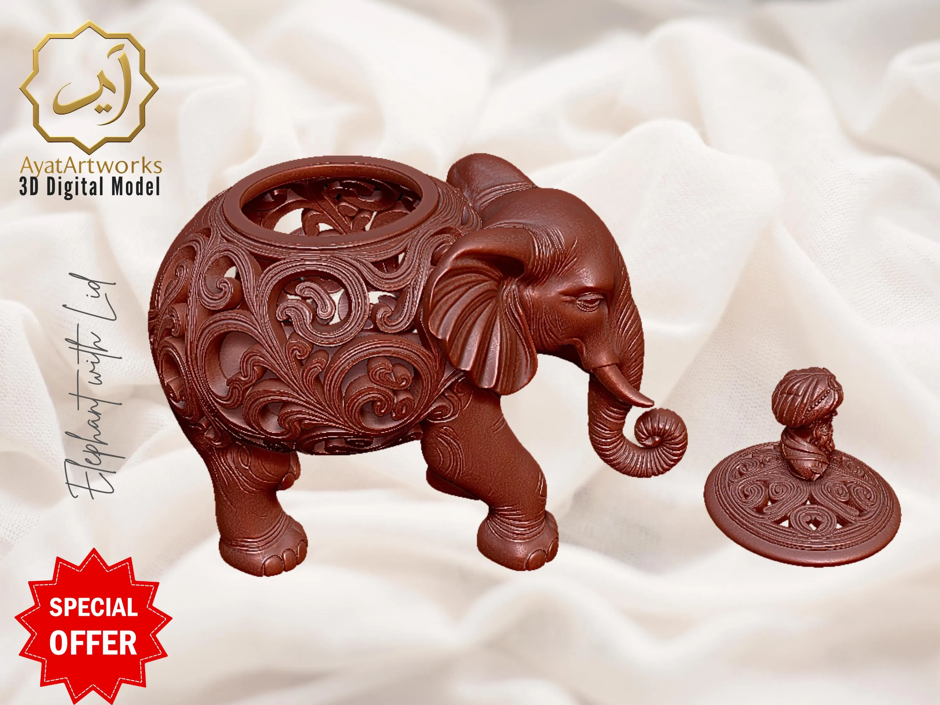 Elephant Box 3D Model STL with Lid – Ornate Wood-Carved Hollow Filigree Trinket/Jewelry Box | Digital Download only | Home Decor - image 3