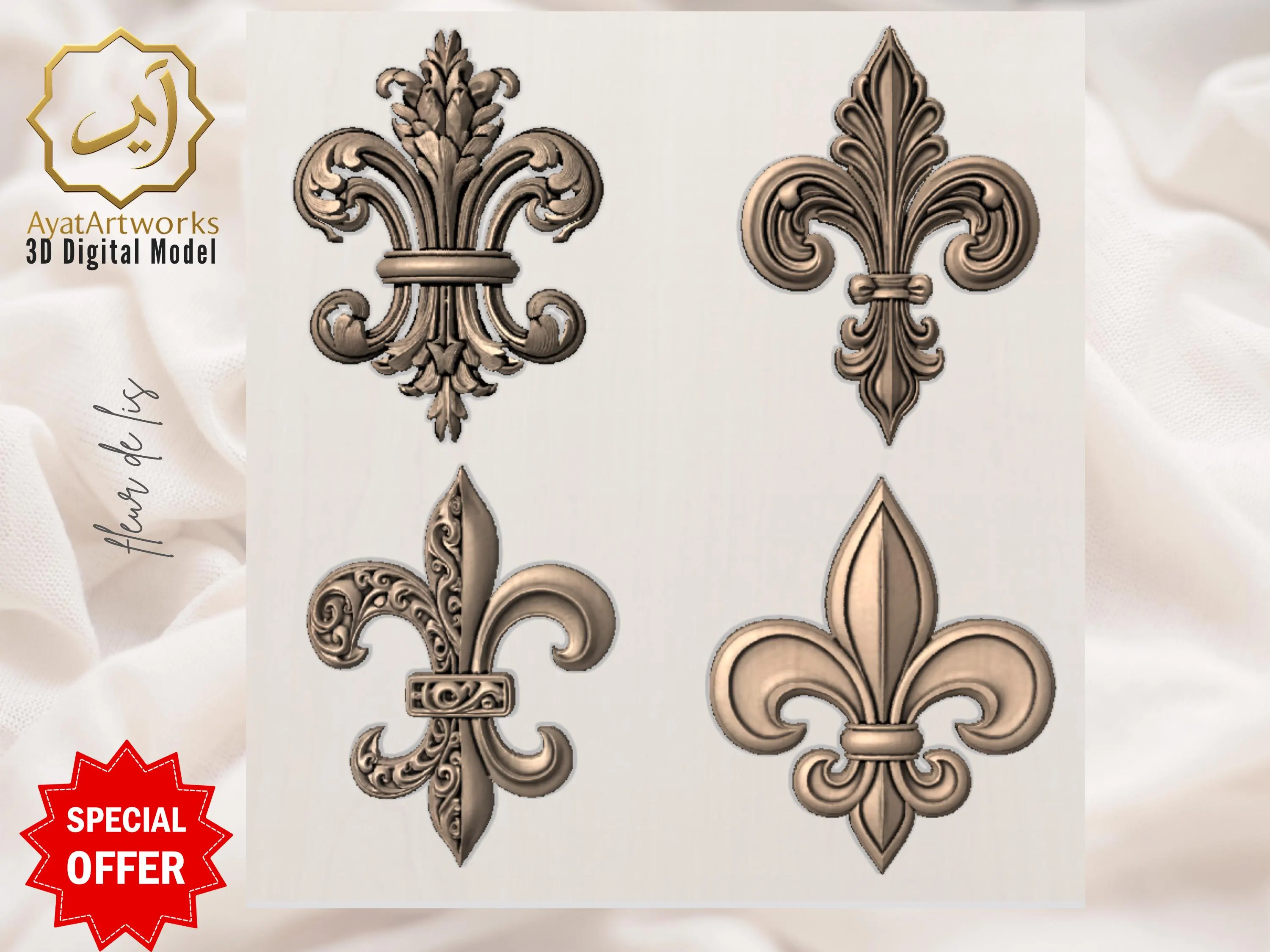 Fleur de Lis STL Bundle – 12 Ornamental 3D Relief Models for CNC Router & 3D Printing | French Lily Emblem | Instant Digital Download - image 3