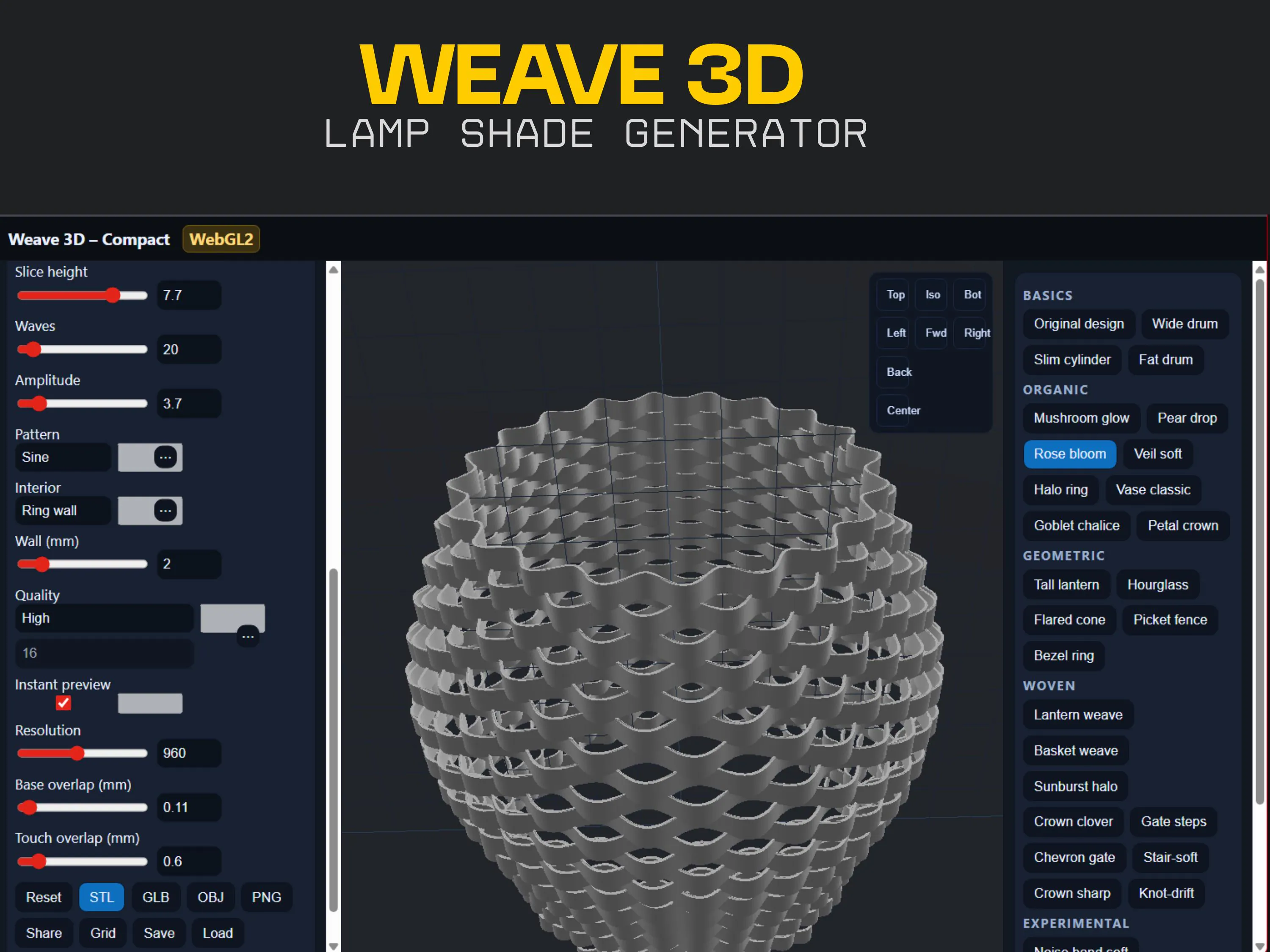 Parametric Weave Lamp Shade Generator – 3D Printable Lampshade Web App | Thousands of Custom Combinations - image 4