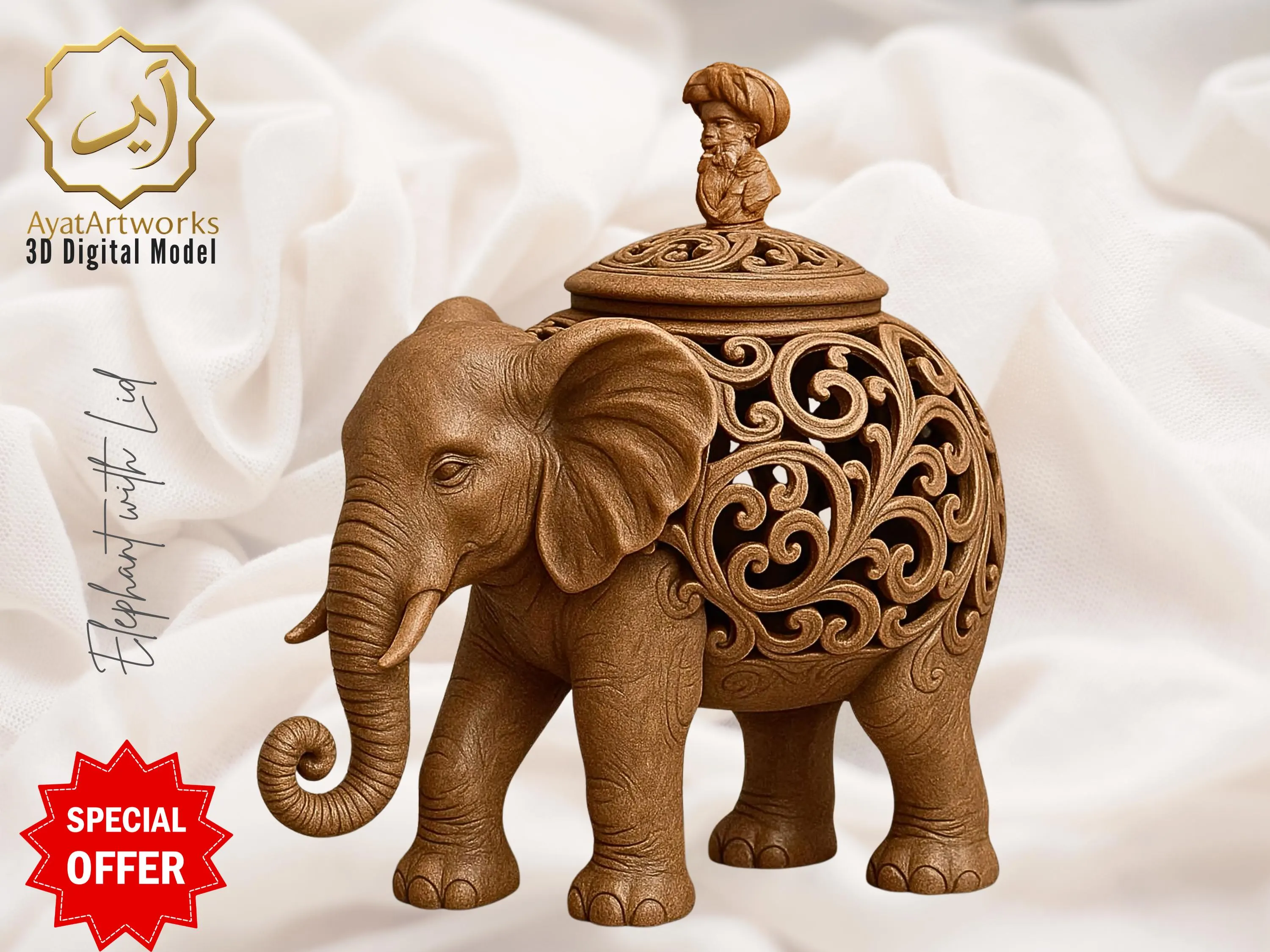 Elephant Box 3D Model STL with Lid – Ornate Wood-Carved Hollow Filigree Trinket/Jewelry Box | Digital Download only | Home Decor