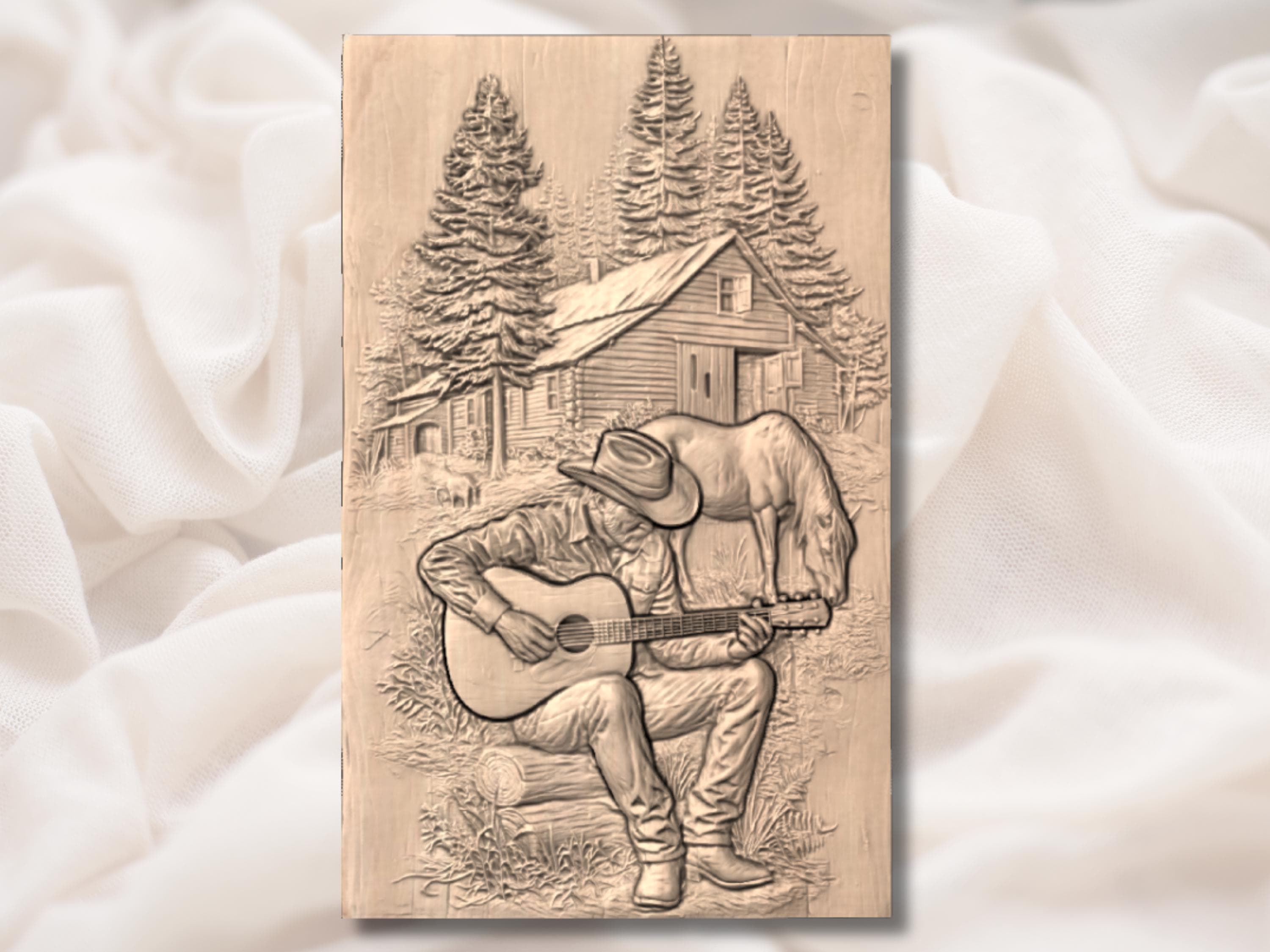 Cowboy Guitar 3D Relief STL | Western Ranch Cabin Scene for CNC Router, Laser Engraving & 3D Printing | Horse Wall Art - image 4