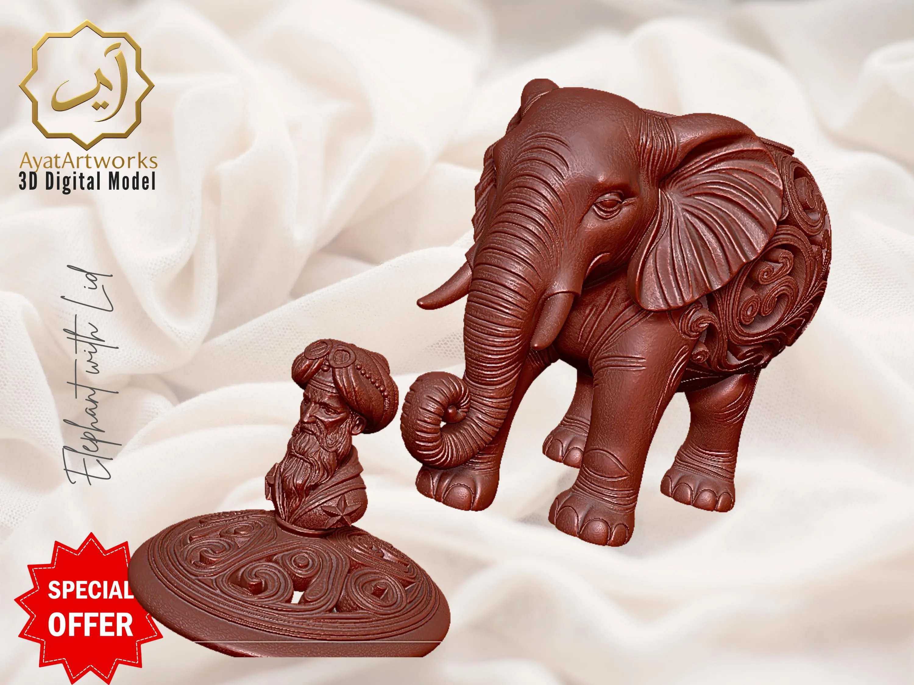 Elephant Box 3D Model STL with Lid – Ornate Wood-Carved Hollow Filigree Trinket/Jewelry Box | Digital Download only | Home Decor - image 4