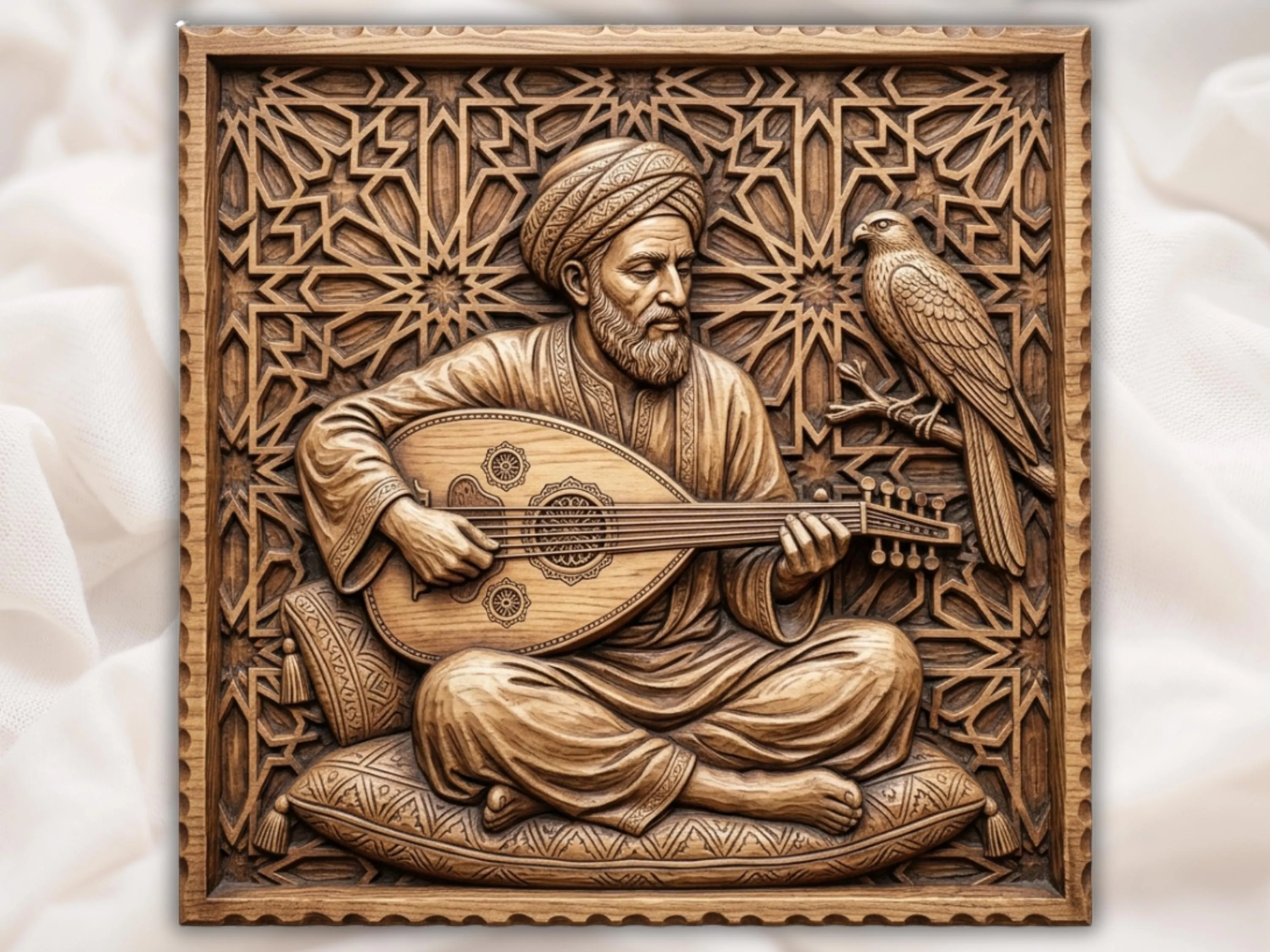 Traditional Oud Player and Falcon CNC Relief STL | Arabic Musician Wall Art Panel | Islamic Geometric Pattern Decor