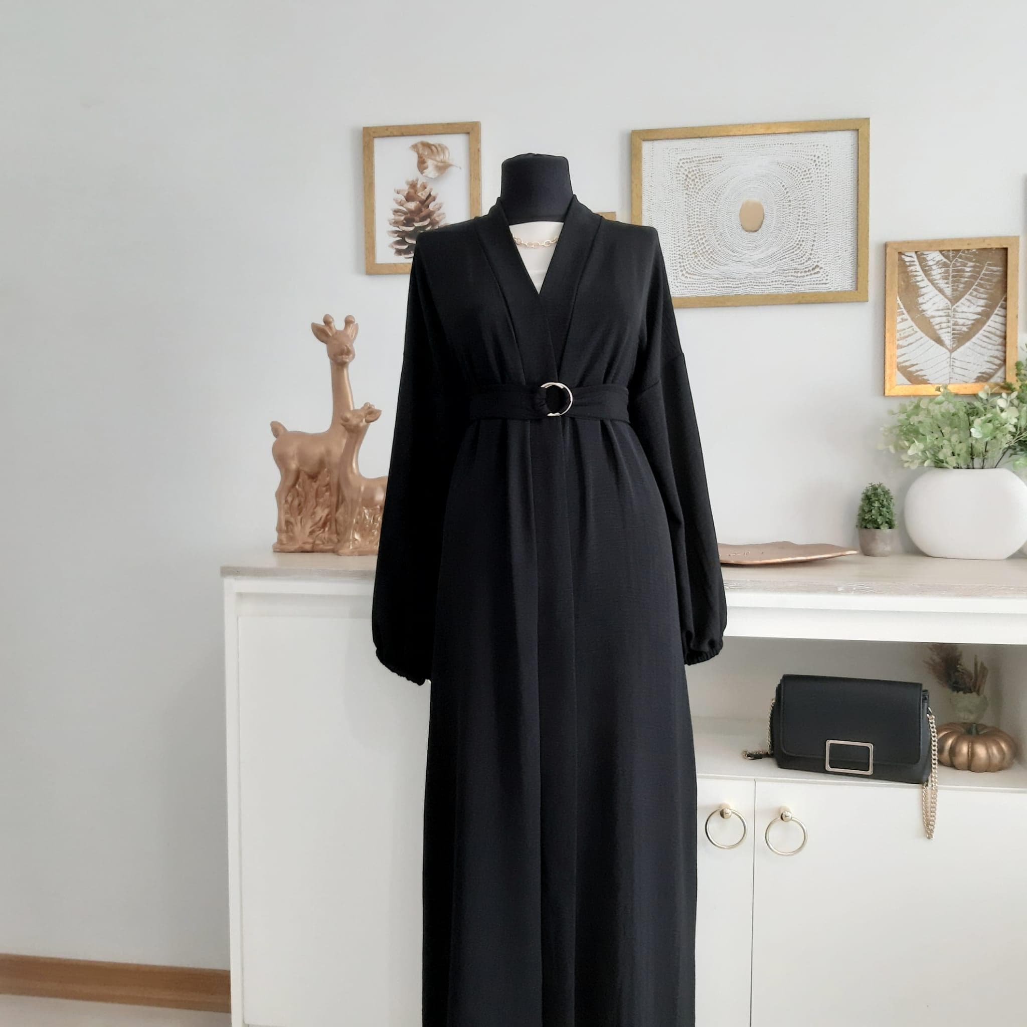 Elegant Black Abaya Dress Modest Dubai Style with Gold Belt