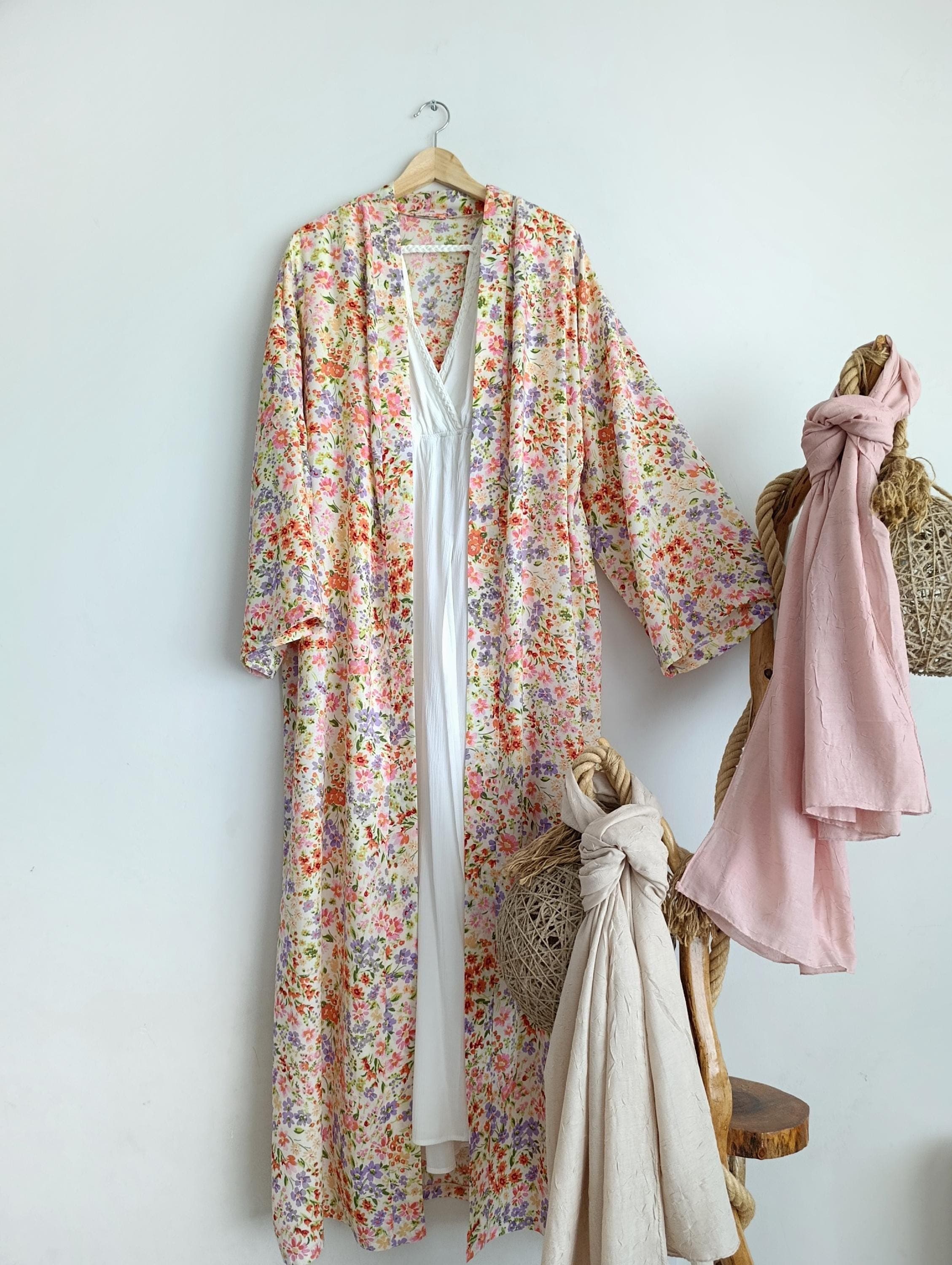 Floral Pattern Open Abaya Kimono, Modest Butterfly Sleeve Maxi Dress Khimar