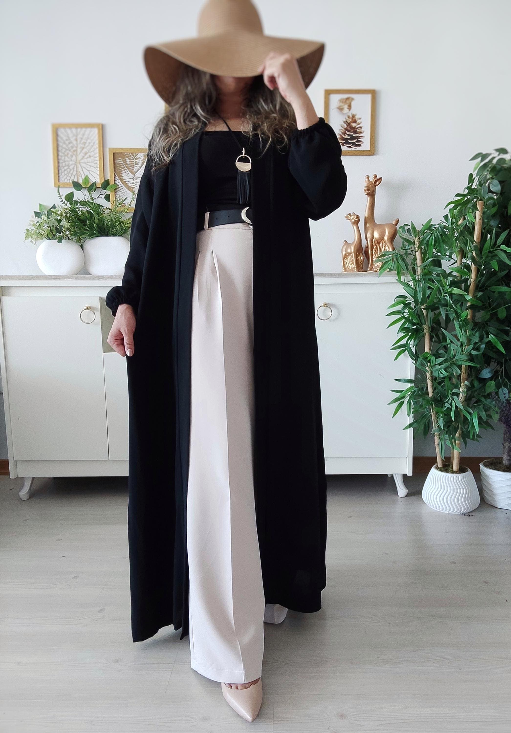 Black Crepe Abaya Kimono | Modest Maxi Dress for Eid & Everyday | Belted Muslim Hijab Outfit