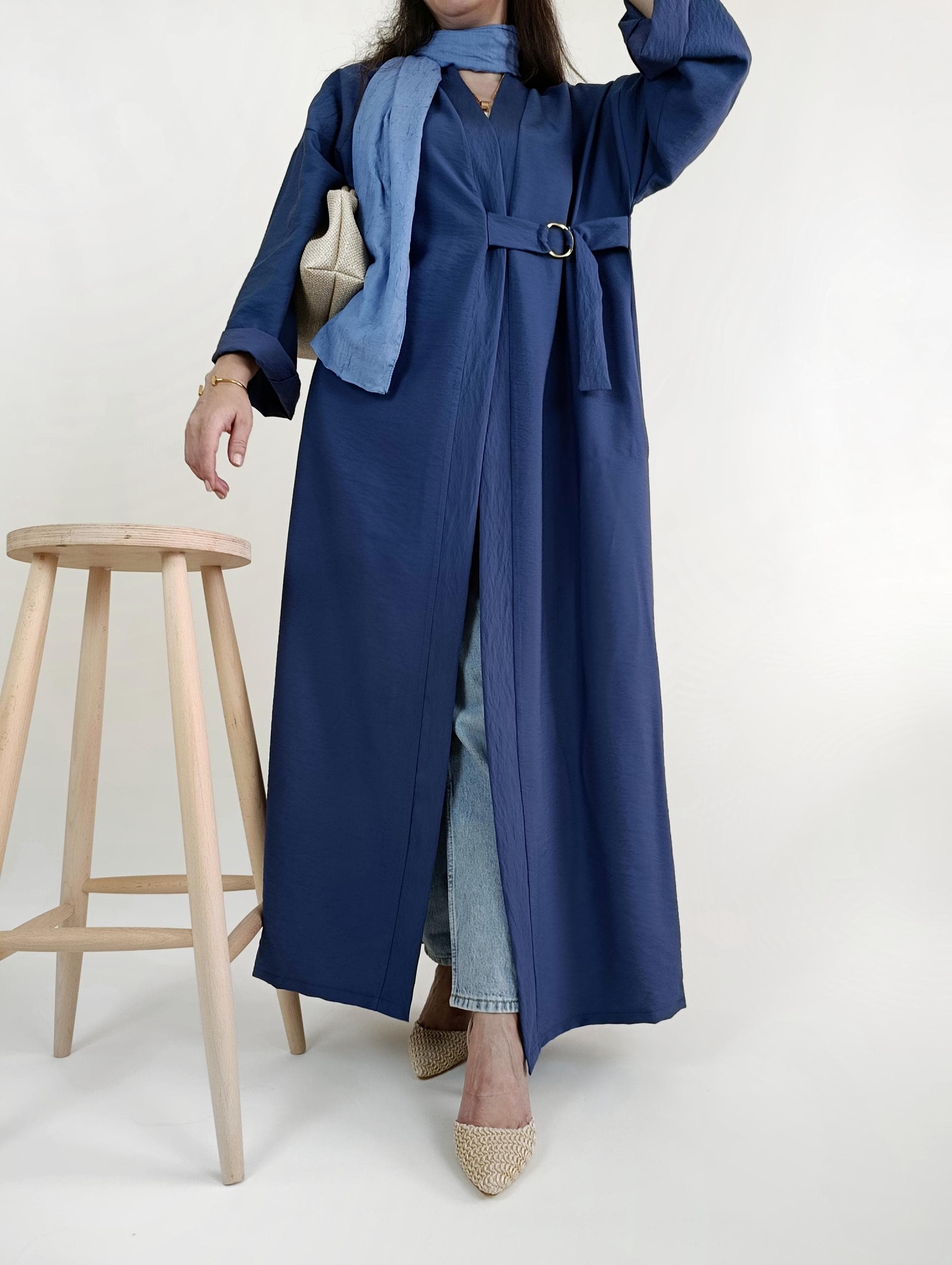 Indigo gold accent kimono trench coat with integrated belt, modest luxury abaya style