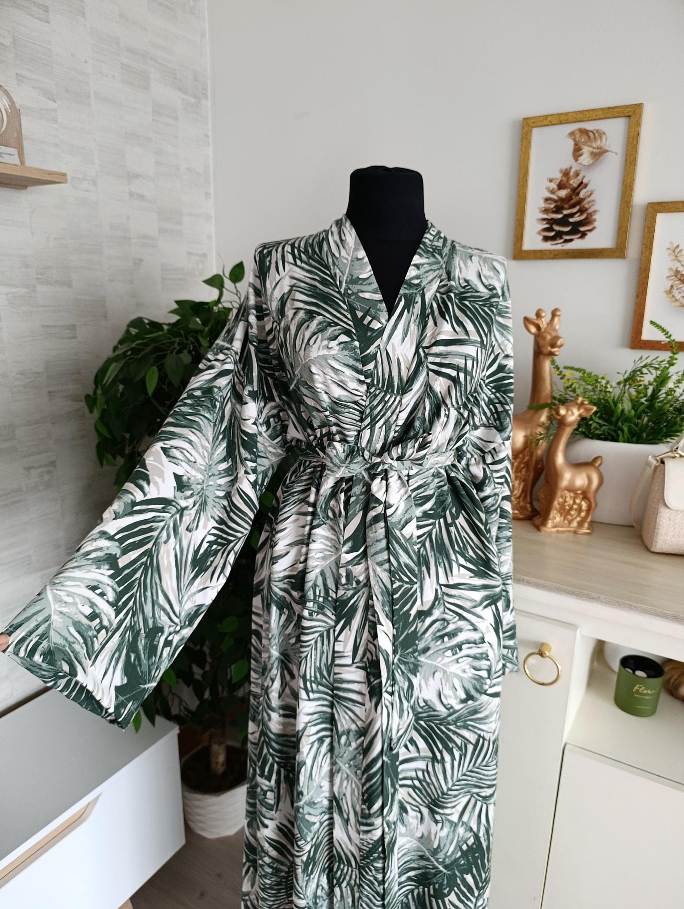 Tropical leaf abaya kimono perfect for resort and summer wear with modest flowing style