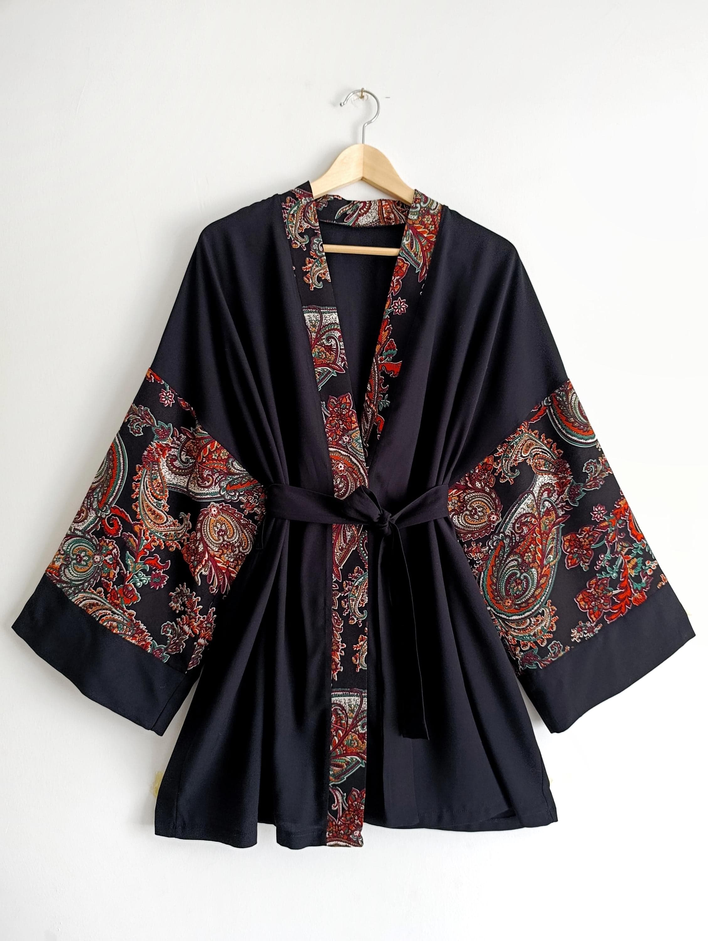 Bohem Cotton Kimono Robe, Short Black Paisley Trim Jacket
