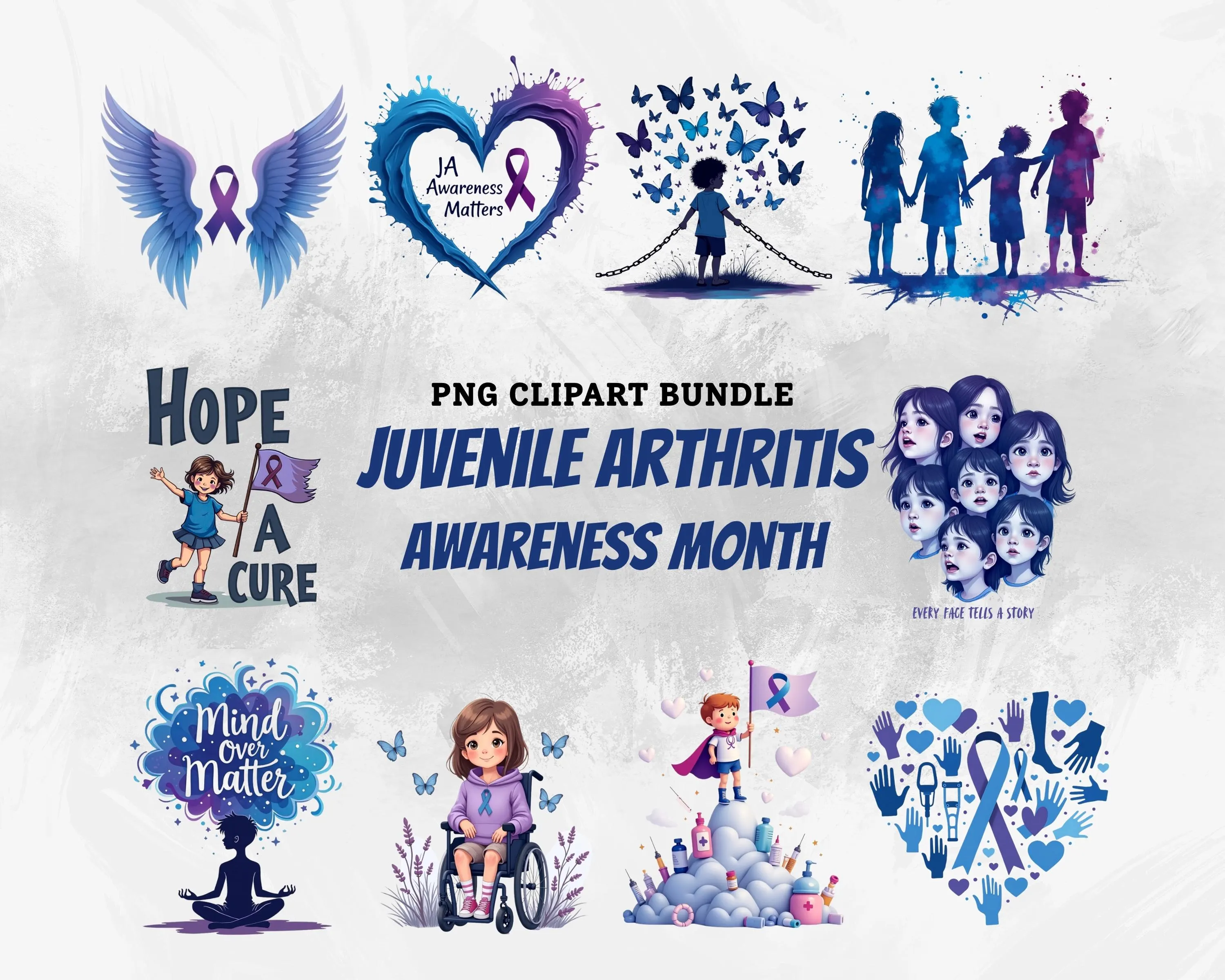 Juvenile Arthritis Awareness PNG Bundle: Blue Purple Ribbon Clipart (Digital Download)