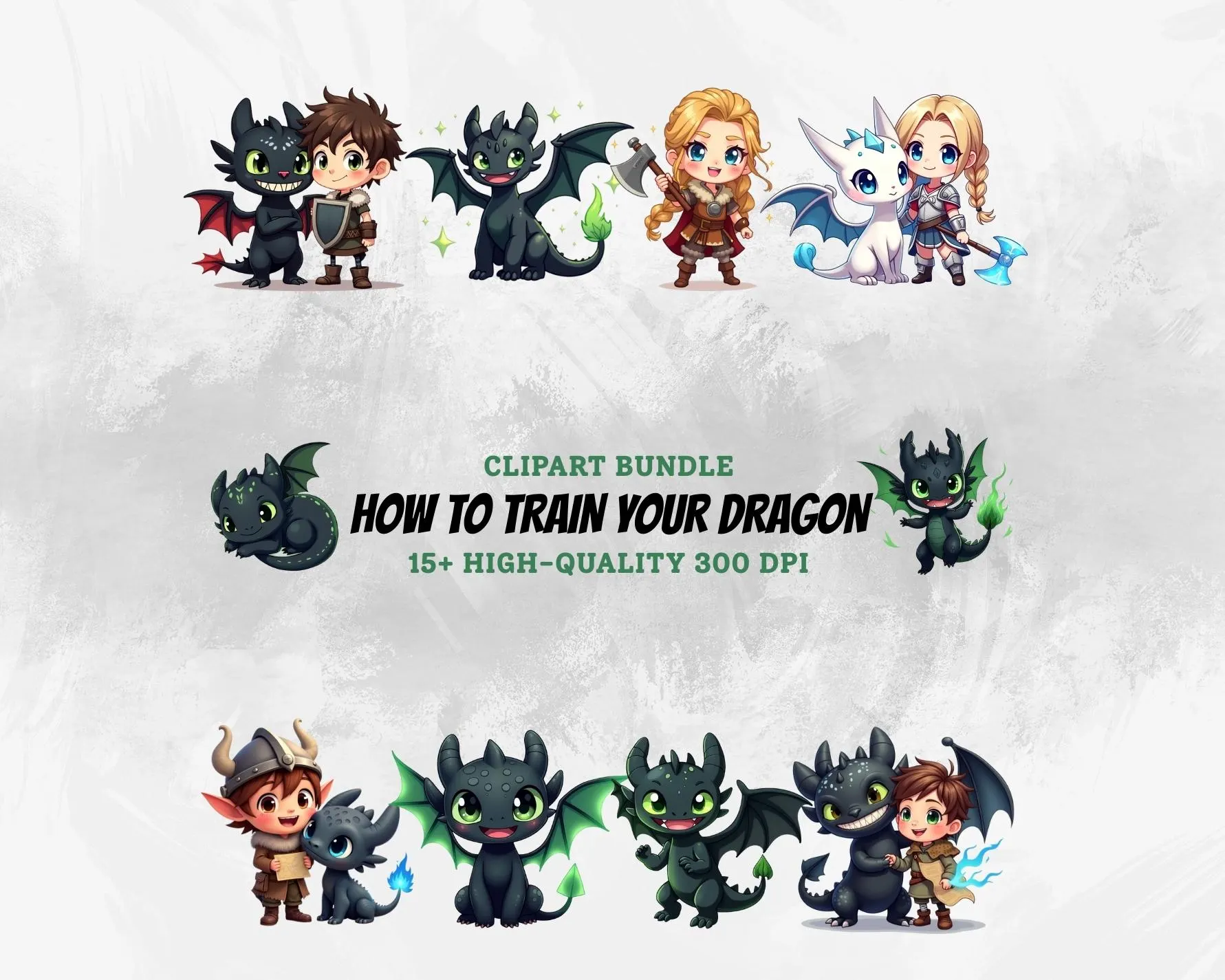 How to Train Your Dragon Inspired Clipart Bundle | Cute Chibi Toothless, Night Fury, Light Fury, Hiccup & Astrid PNGs for Party Crafts