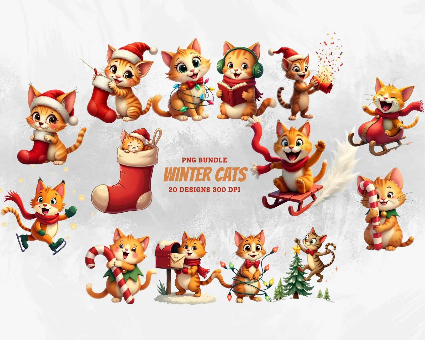 Winter Cats PNG Bundle: Christmas Cat Clipart Collection, Festive Holiday Kitten Illustrations, Santa Cats Digital Download (20 PNGs)
