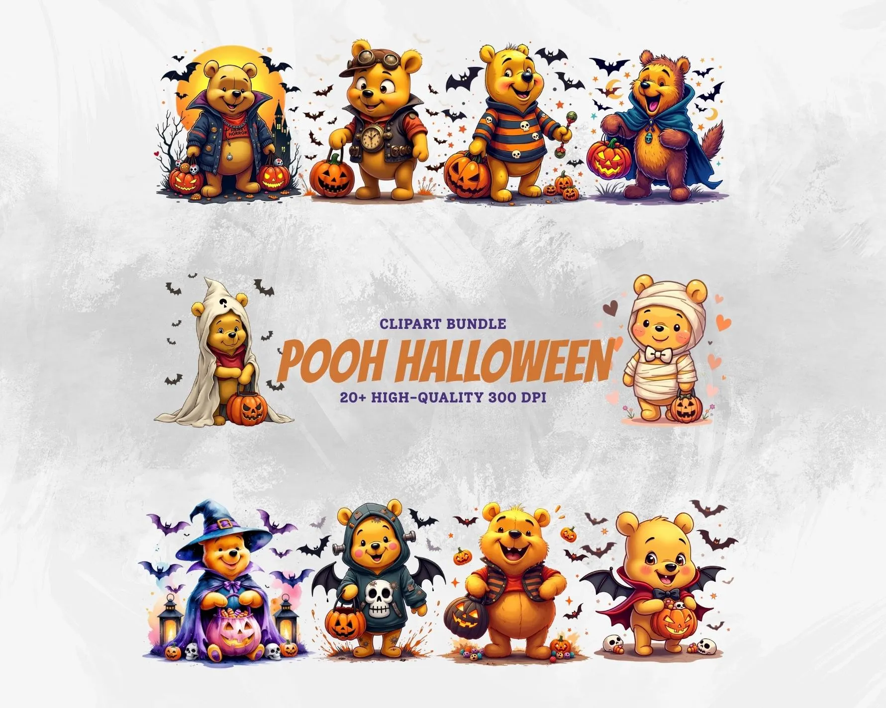Retro Pooh Halloween PNG Bundle, Cute Cartoon Pumpkin Fall Clipart, Spooky Autumn Pooh Bear Sublimation, Trendy Halloween Digital Art