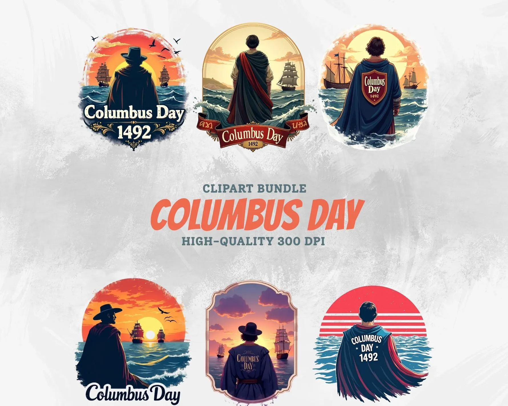Columbus Day 1492 Clipart Bundle, Vintage Ship PNG, Historical America Discovery Sublimation, Patriotic Sailing PNG Digital Download